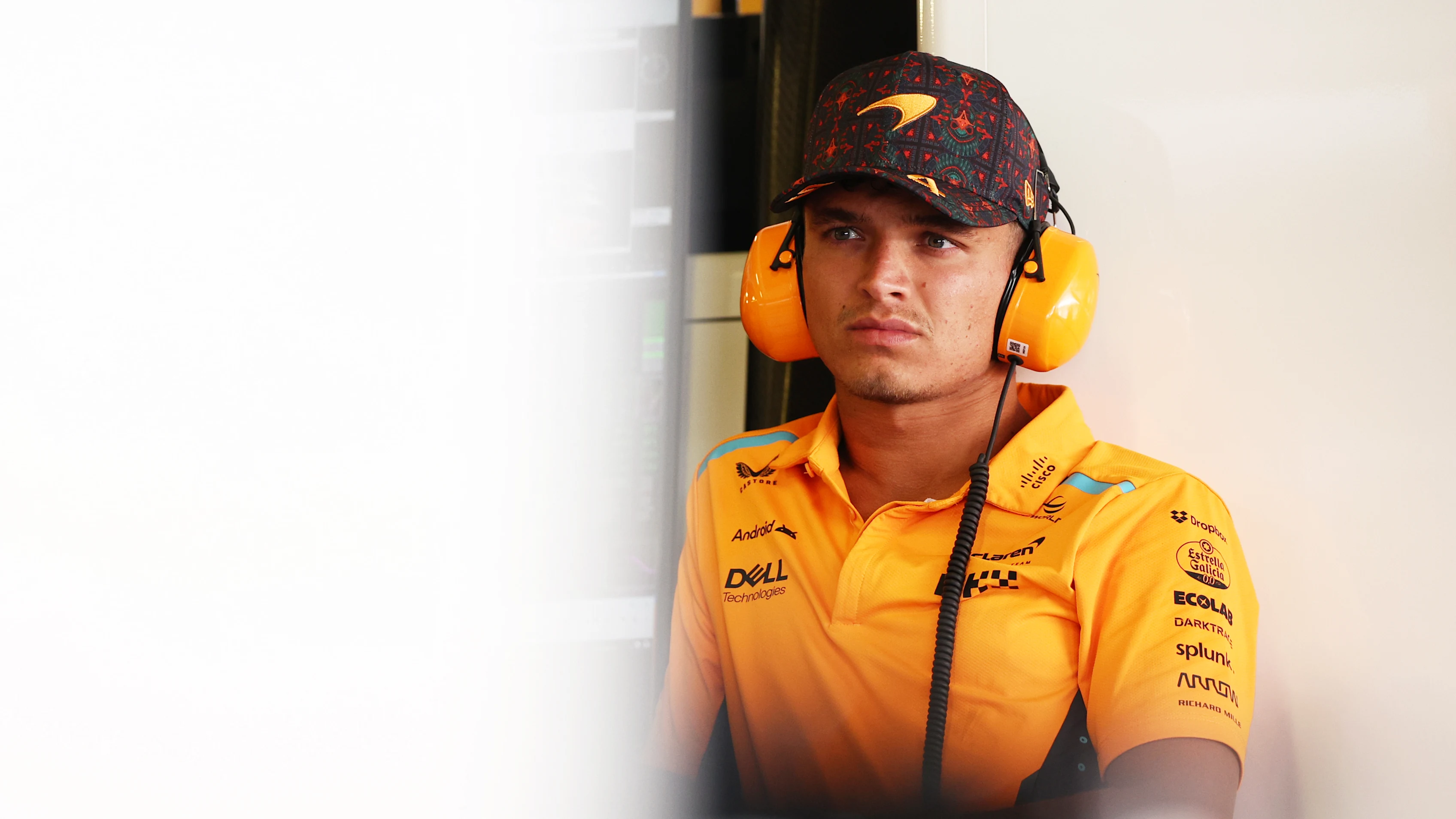 MEXICO CITY, MEXICO - OCTOBER 25: Lando Norris of Great Britain and McLaren looks on in the garage