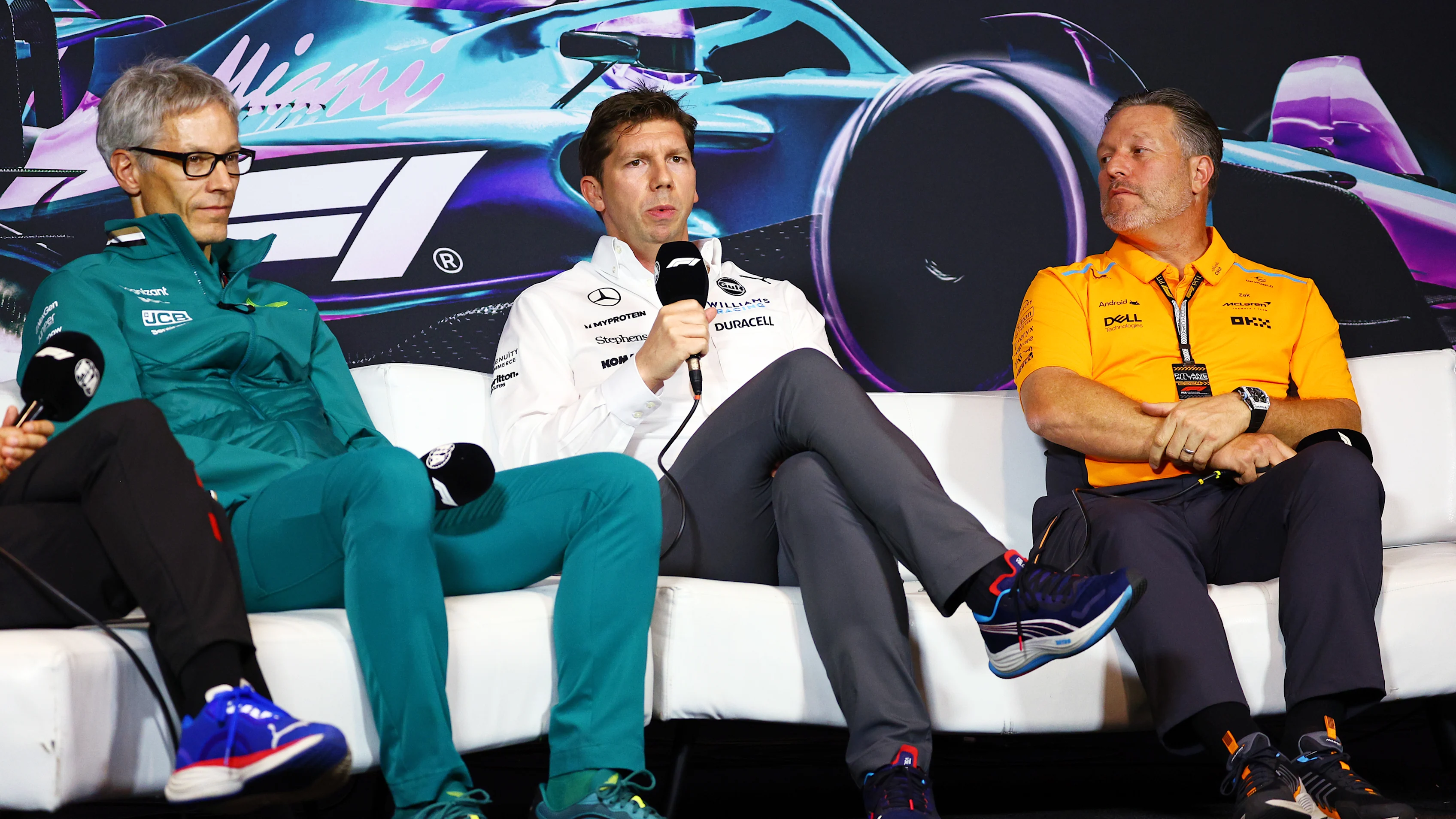 MIAMI, FLORIDA - MAY 03: Mike Krack, Team Principal of the Aston Martin F1 Team, James Vowles, Team