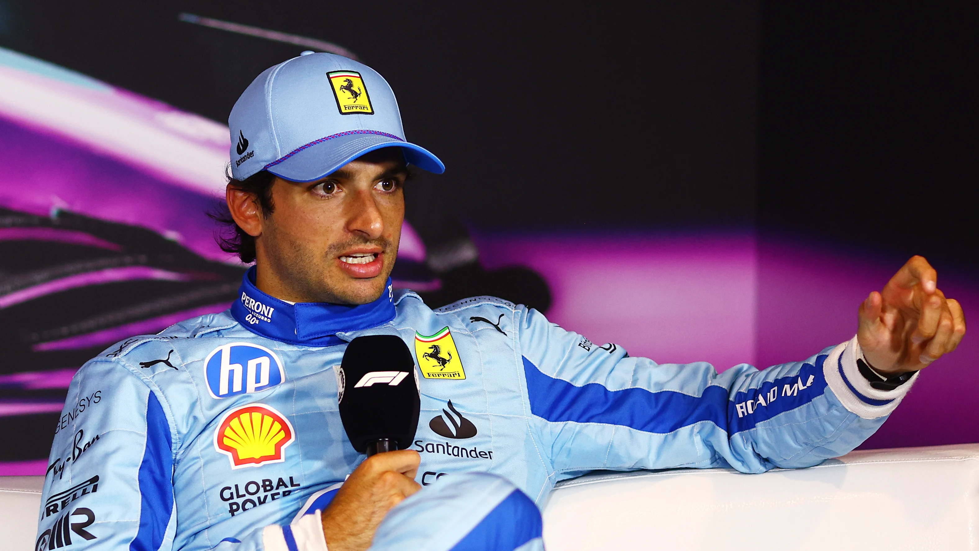 MIAMI, FLORIDA - MAY 04: Third placed qualifier Carlos Sainz of Spain and Ferrari attends the press
