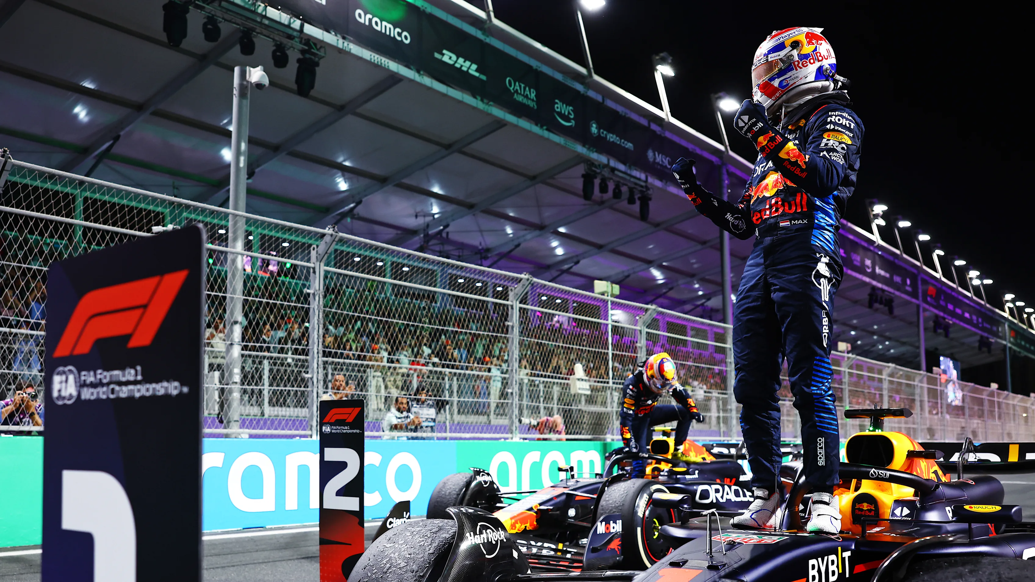JEDDAH, SAUDI ARABIA - MARCH 09: Race winner Max Verstappen of the Netherlands and Oracle Red Bull