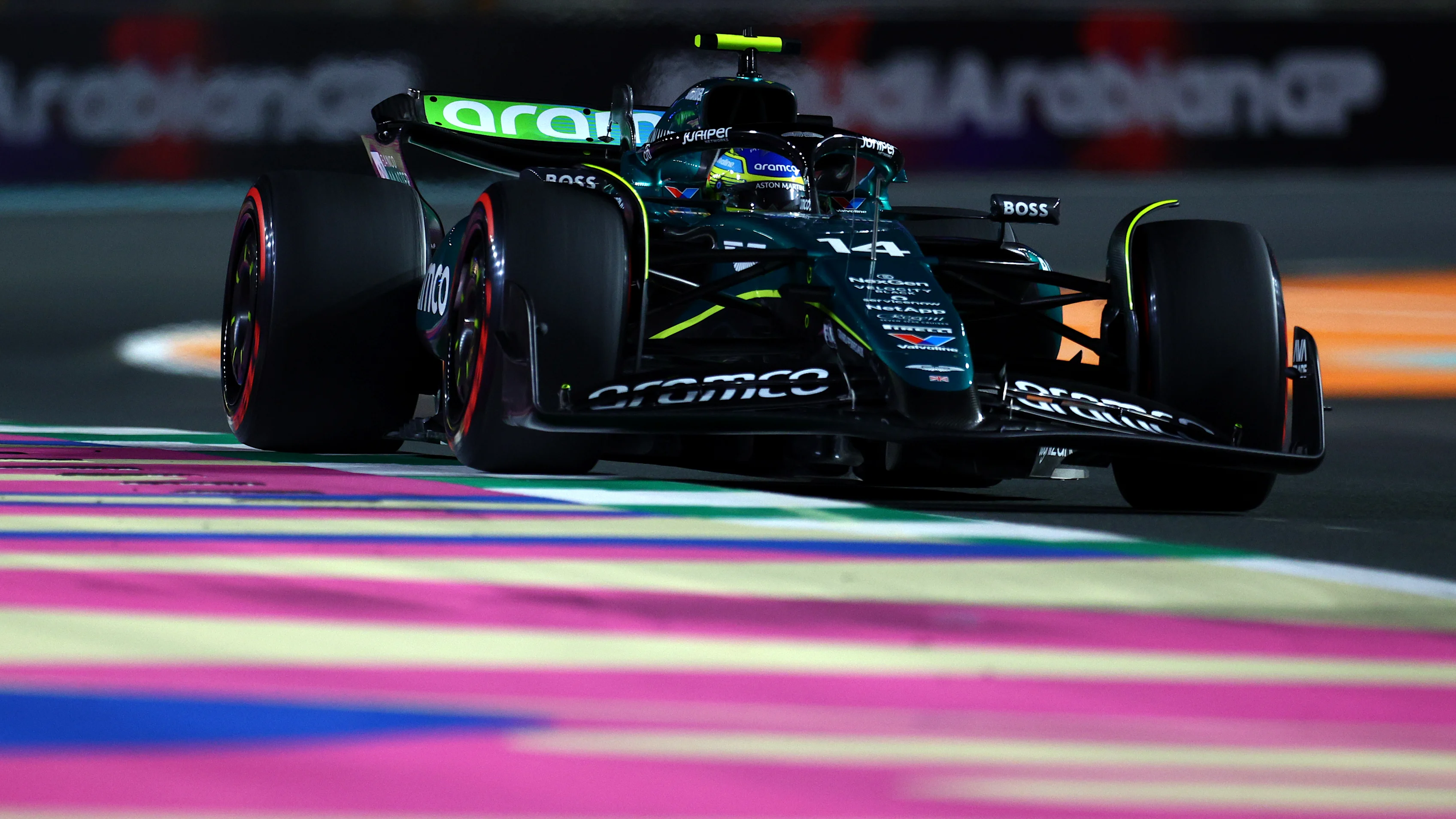 JEDDAH, SAUDI ARABIA - MARCH 07: Fernando Alonso of Spain driving the (14) Aston Martin AMR24