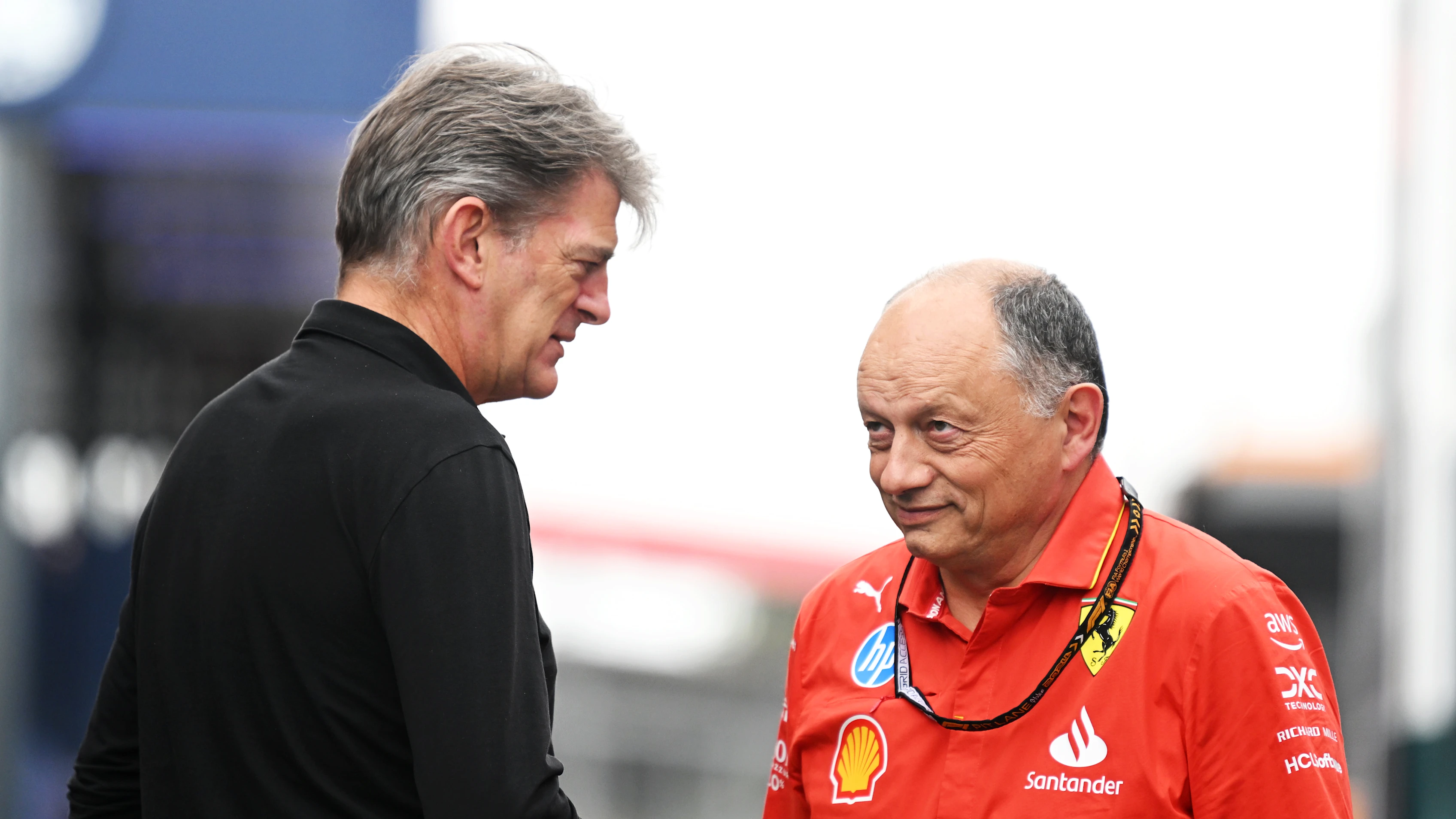BARCELONA, SPAIN - JUNE 20: Ferrari Team Principal Frederic Vasseur talks with Graeme Lowdon in the