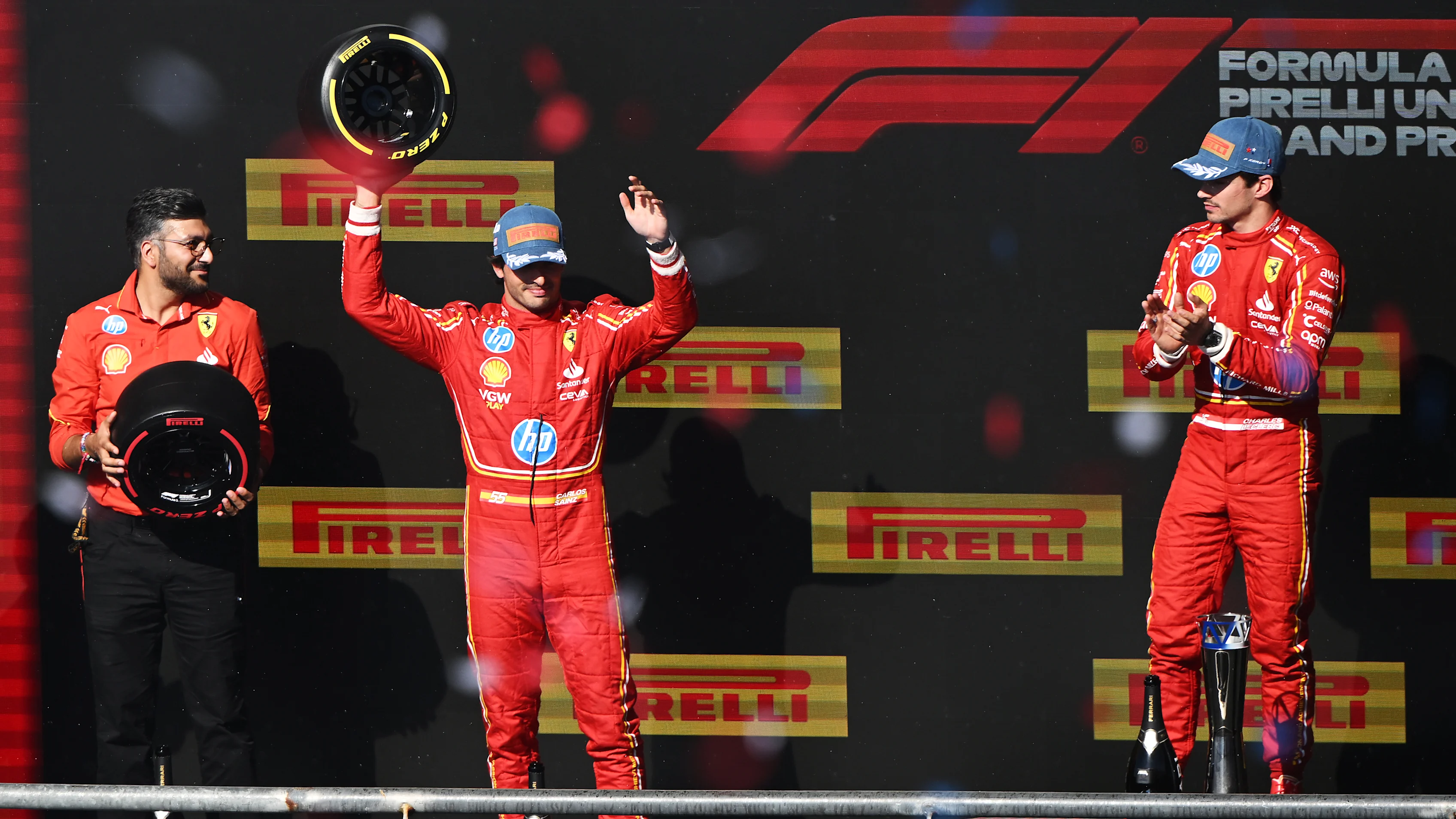 AUSTIN, TEXAS - OCTOBER 20: Second placed Carlos Sainz of Spain and Ferrari celebrates on the