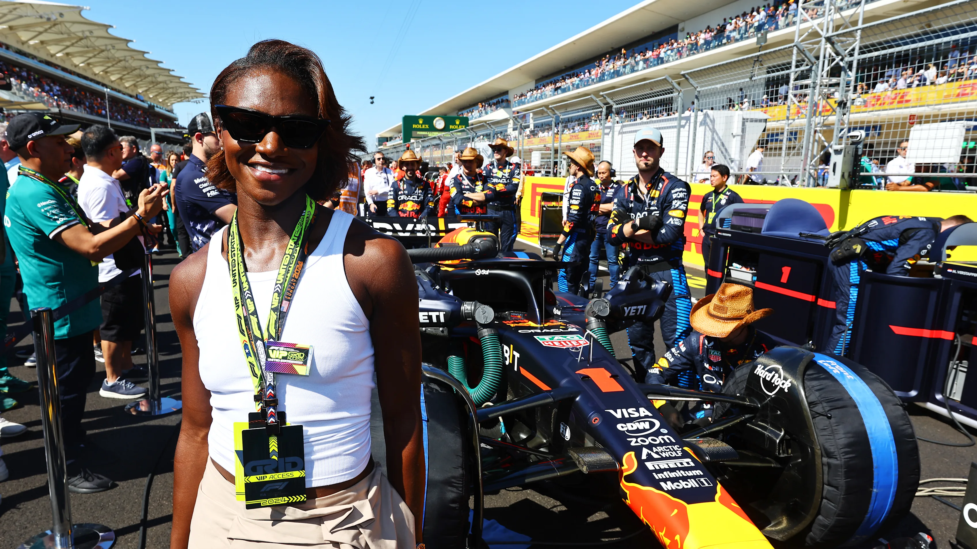 AUSTIN, TEXAS - OCTOBER 20: Dina Asher-Smith is seen on the grid prior to the F1 Grand Prix of