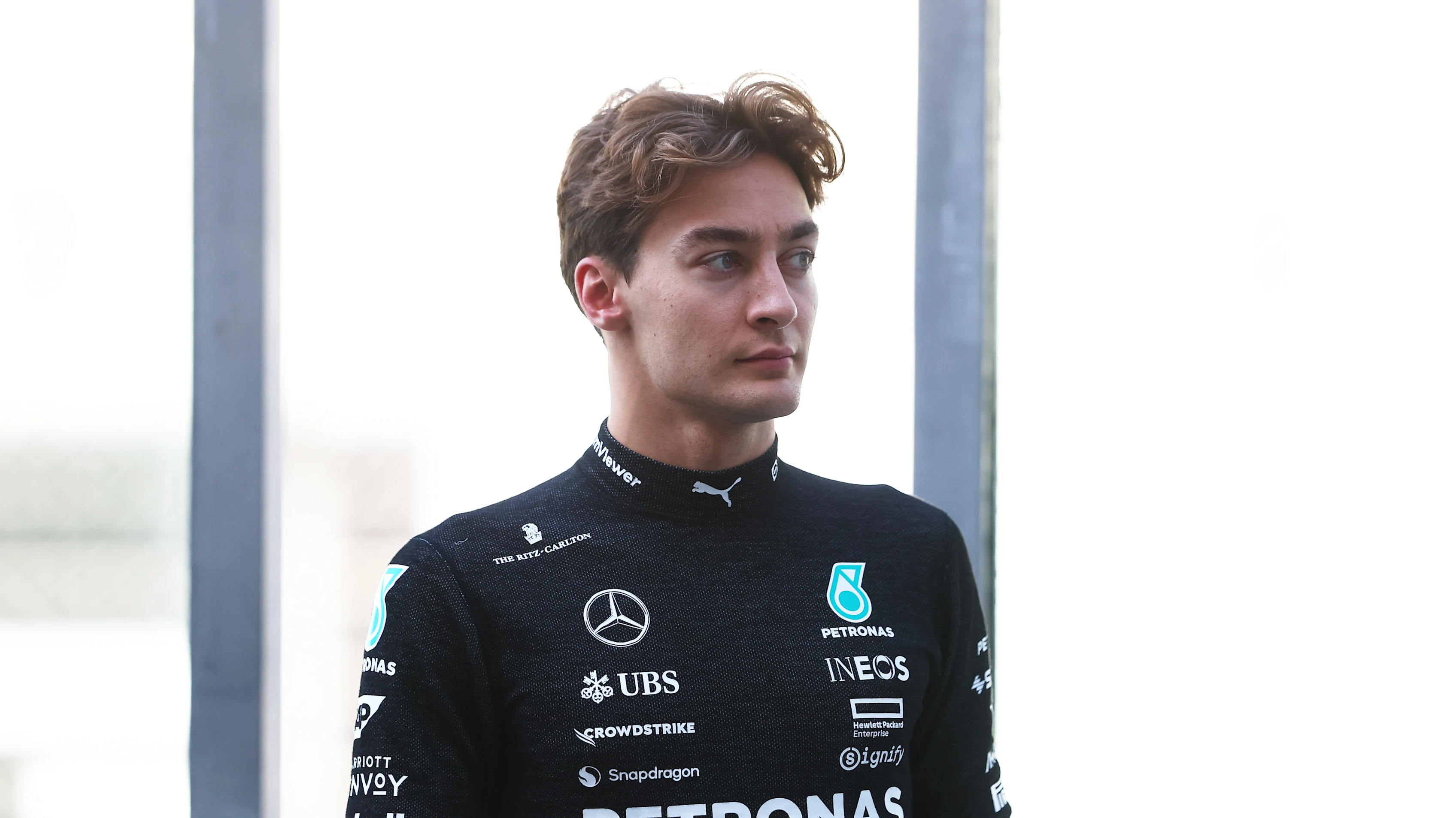ABU DHABI, UNITED ARAB EMIRATES - DECEMBER 10: George Russell of Great Britain and Mercedes looks