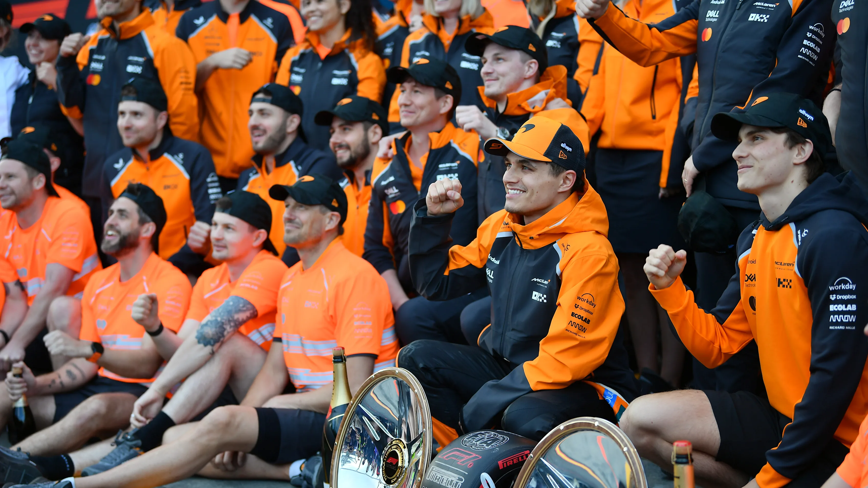 MELBOURNE, AUSTRALIA - MARCH 16: Race winner Lando Norris of Great Britain and McLaren and the