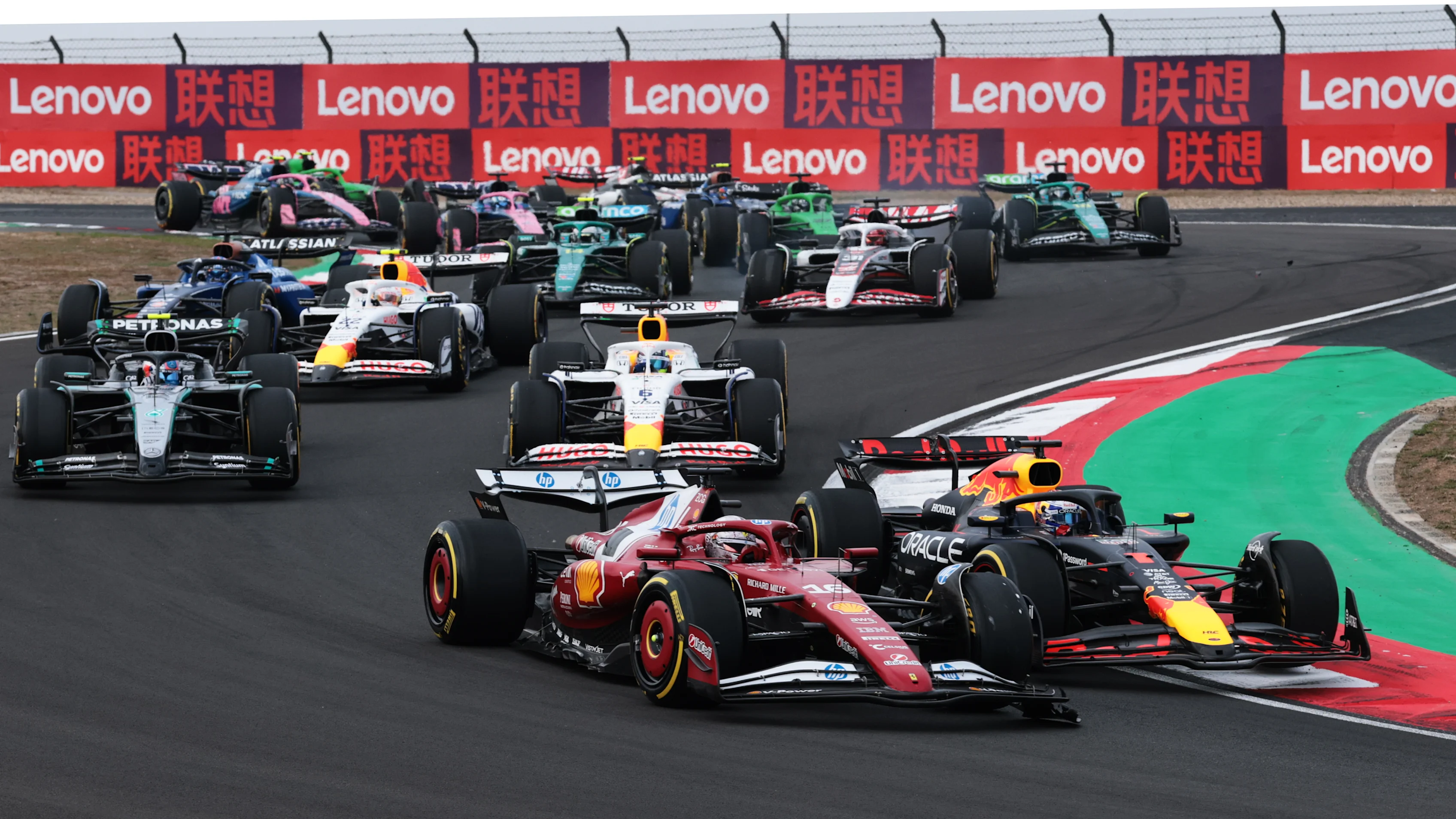 SHANGHAI, CHINA - MARCH 23: Charles Leclerc of Monaco driving the (16) Scuderia Ferrari SF-25 leads