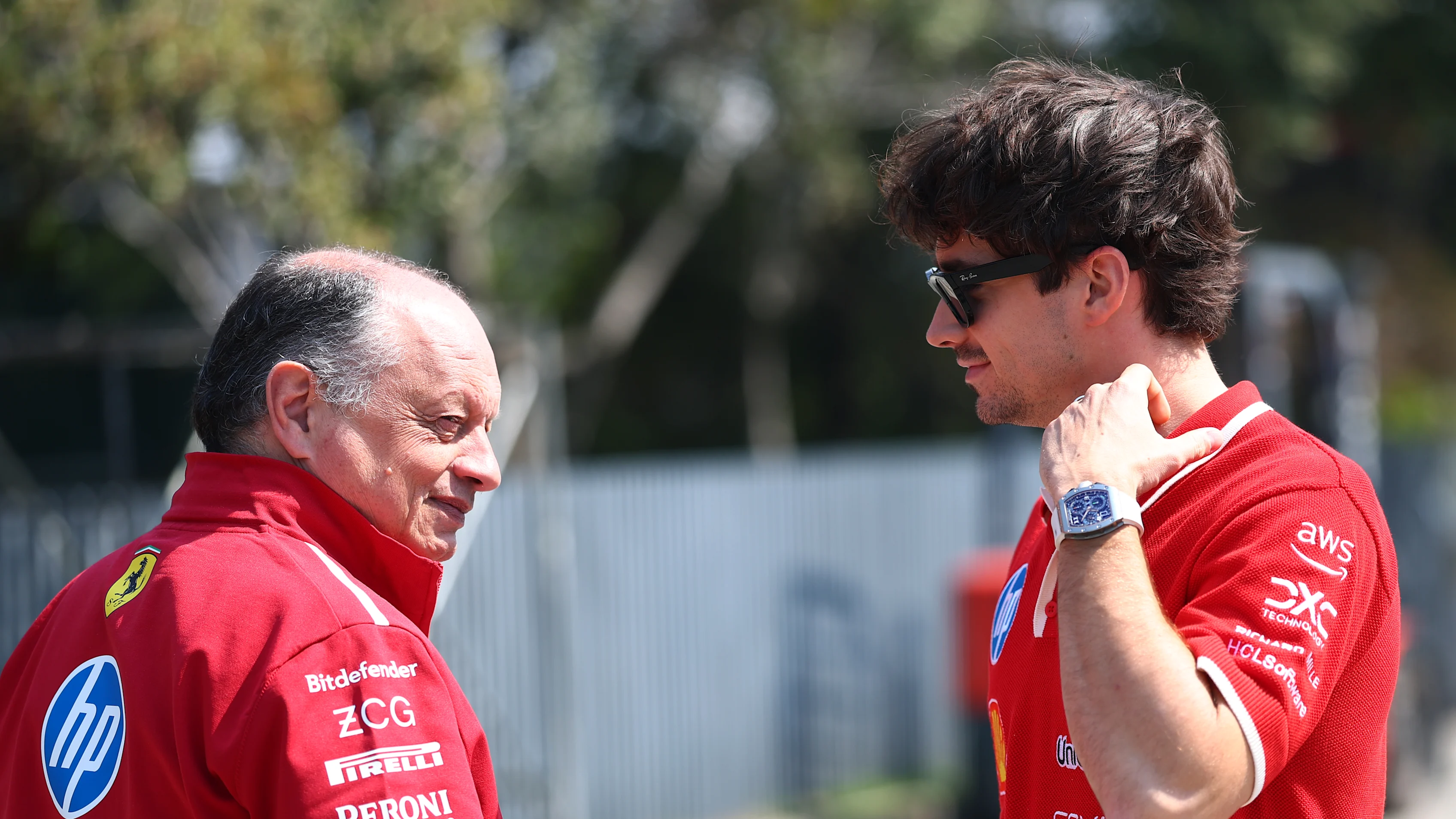 SHANGHAI, CHINA - MARCH 20: Frederic Vasseur, Team Principal of Scuderia Ferrari talks with Charles