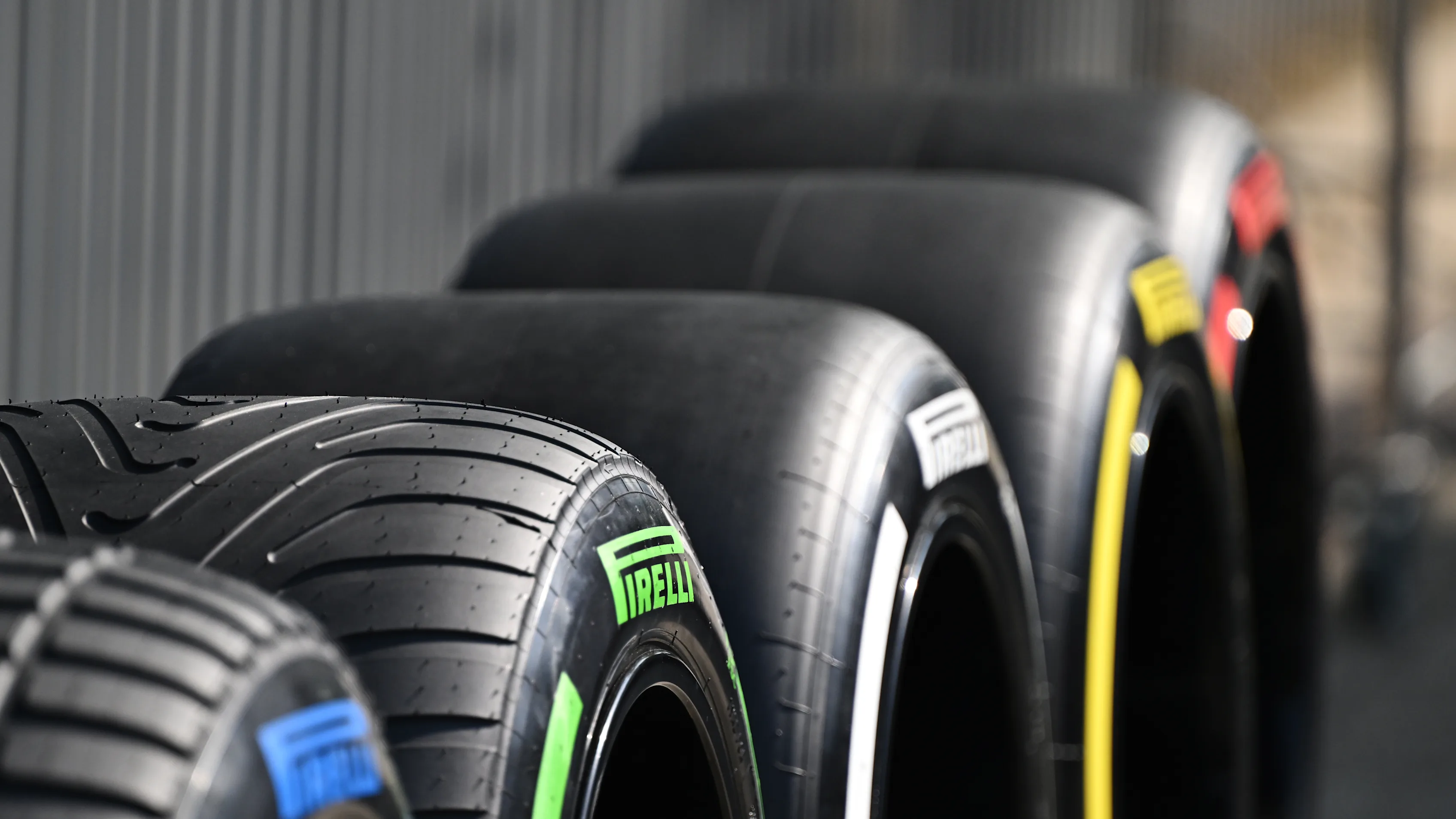 SHANGHAI, CHINA - MARCH 22: Pirelli tyre compounds lined up for display prior to the Sprint ahead