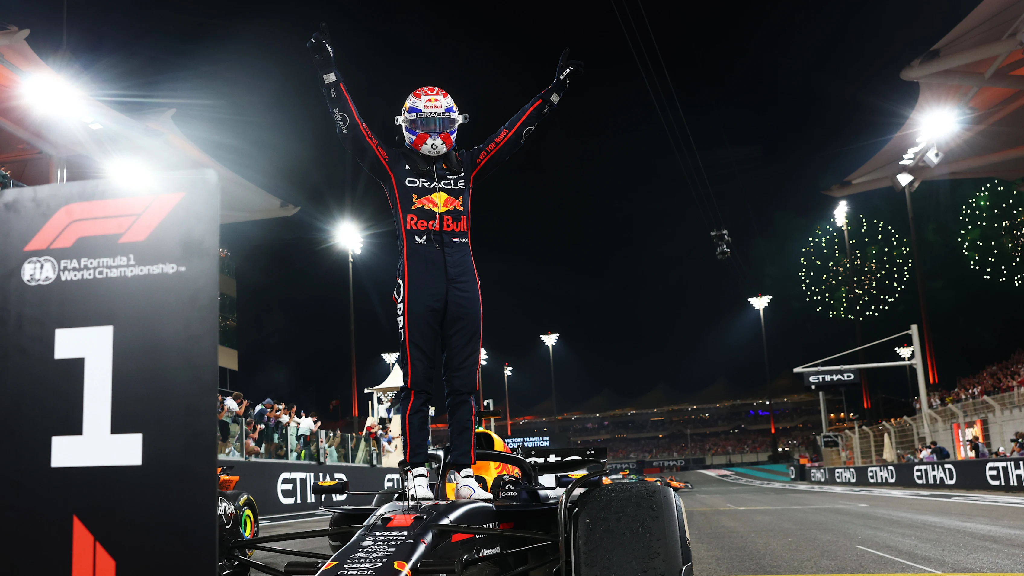 ABU DHABI, UNITED ARAB EMIRATES - DECEMBER 07: Race winner Max Verstappen of the Netherlands and