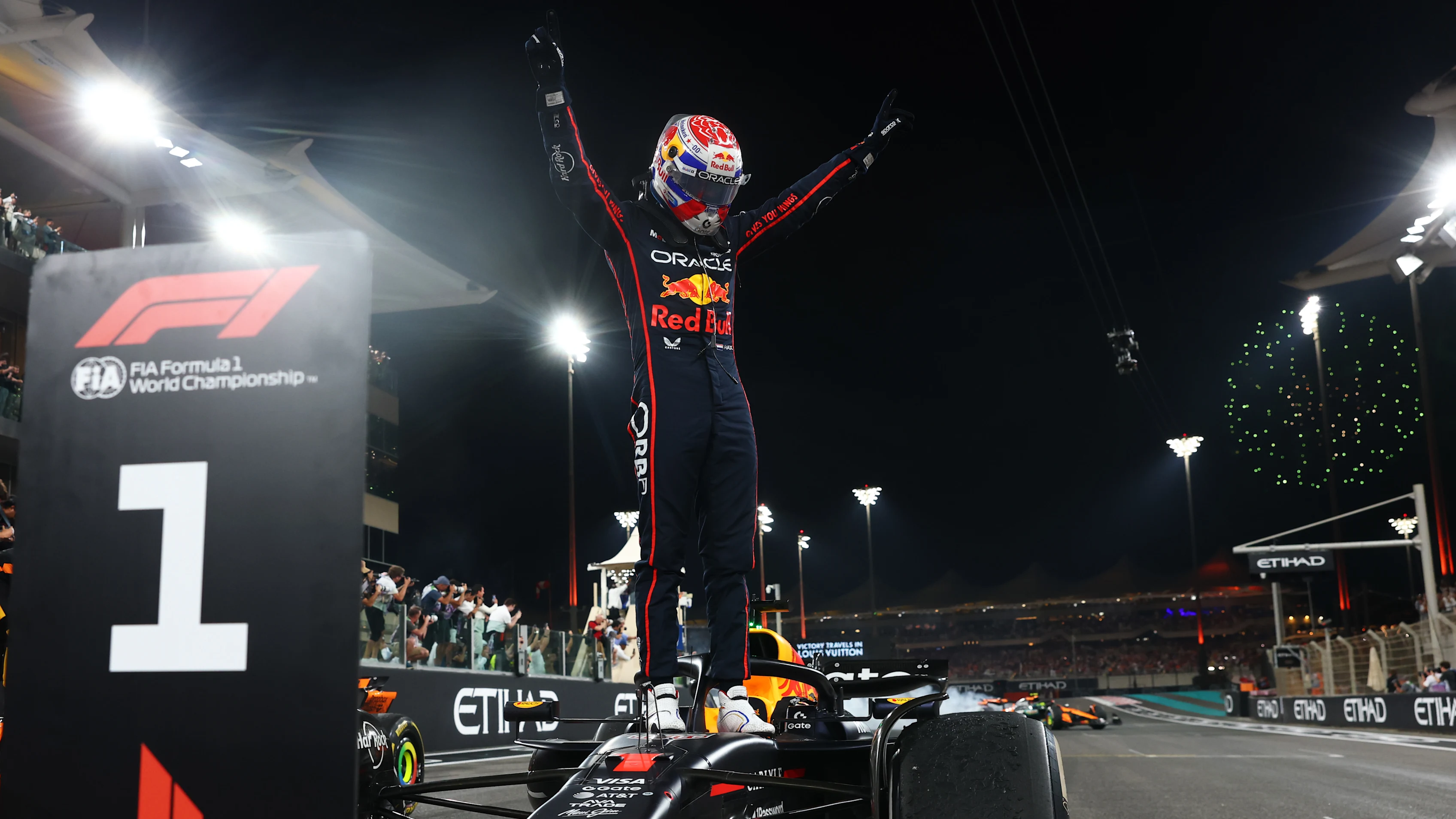 ABU DHABI, UNITED ARAB EMIRATES - DECEMBER 07: Race winner Max Verstappen of the Netherlands and