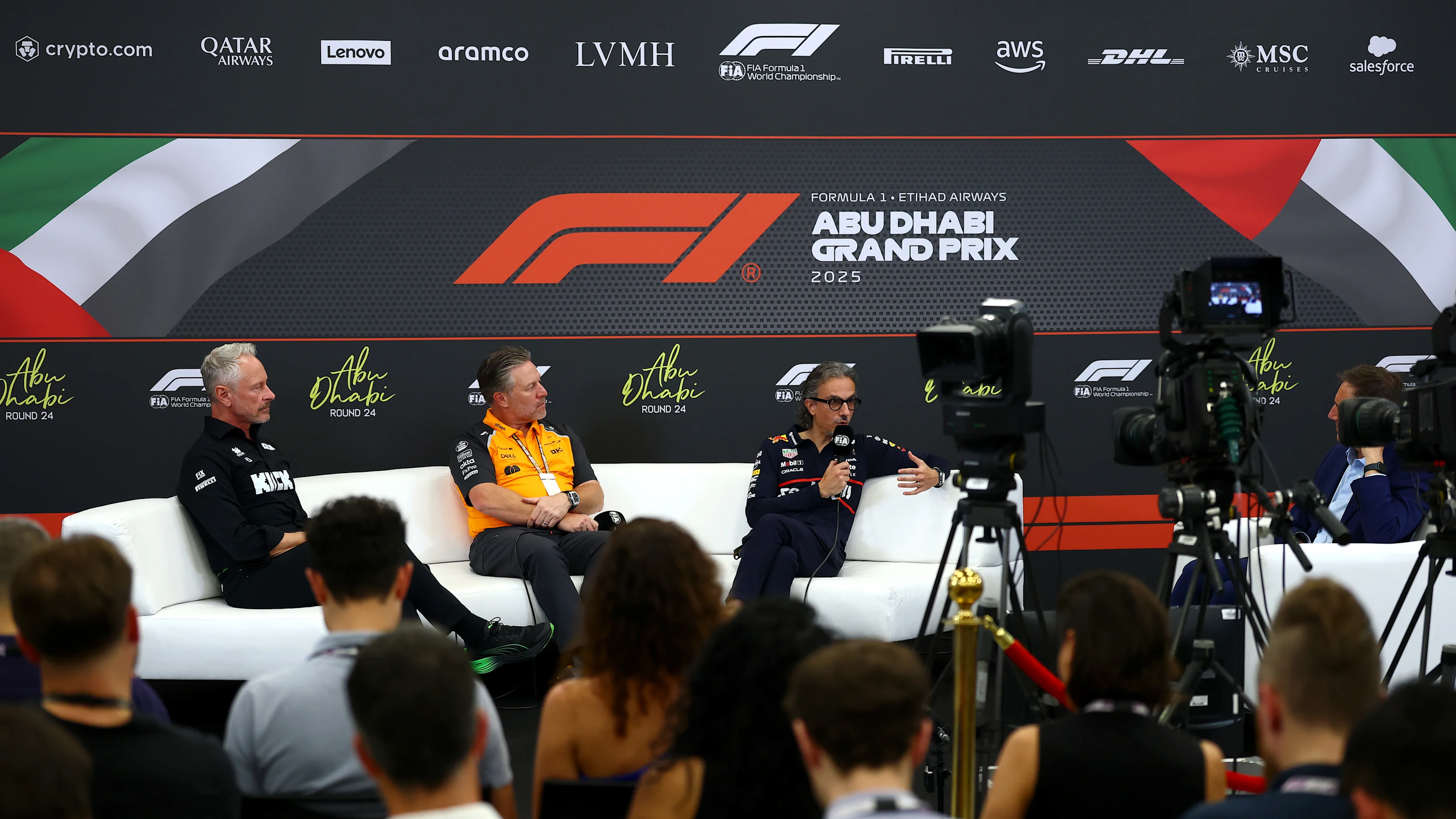 ABU DHABI, UNITED ARAB EMIRATES - DECEMBER 05: Jonathan Wheatley, Team Principal of Stake F1 Team Kick Sauber Zak Brown, Chief Executive Officer of McLaren and Laurent Mekies, Team Principal of Oracle Red Bull Racing in the Team Principals Press Conference  during practice ahead of the F1 Grand Prix of Abu Dhabi at Yas Marina Circuit on December 05, 2025 in Abu Dhabi, United Arab Emirates. (Photo by Bryn Lennon/Getty Images)