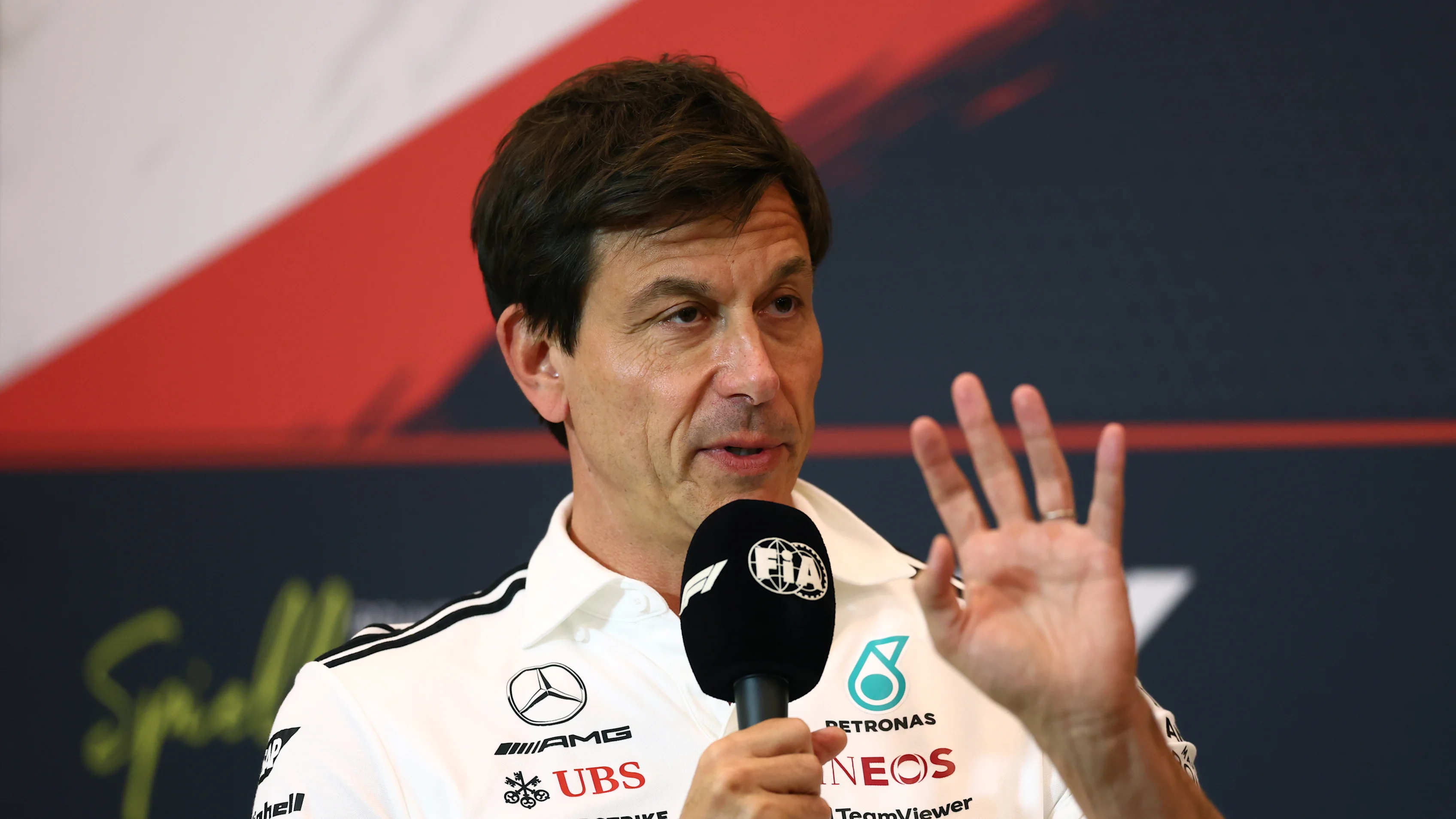 SPIELBERG, AUSTRIA - JUNE 27: Toto Wolff, Executive Director of Mercedes AMG Petronas F1 Team in the Team Principals Press Conference during practice ahead of the F1 Grand Prix of Austria at Red Bull Ring on June 27, 2025 in Spielberg, Austria. (Photo by Clive Rose/Getty Images)