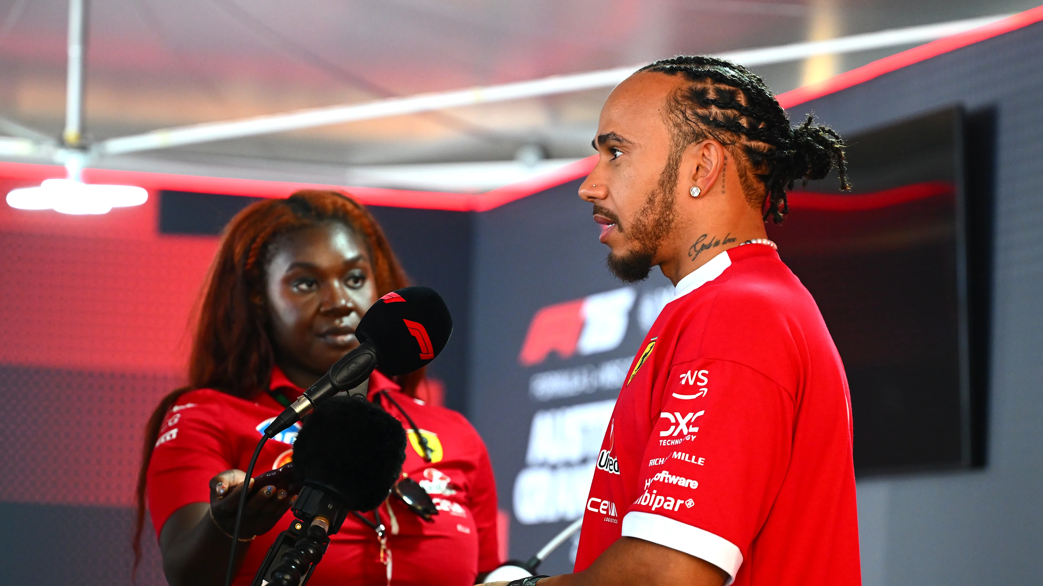 SPIELBERG, AUSTRIA - JUNE 26: Lewis Hamilton of Great Britain and Scuderia Ferrari is interviewed