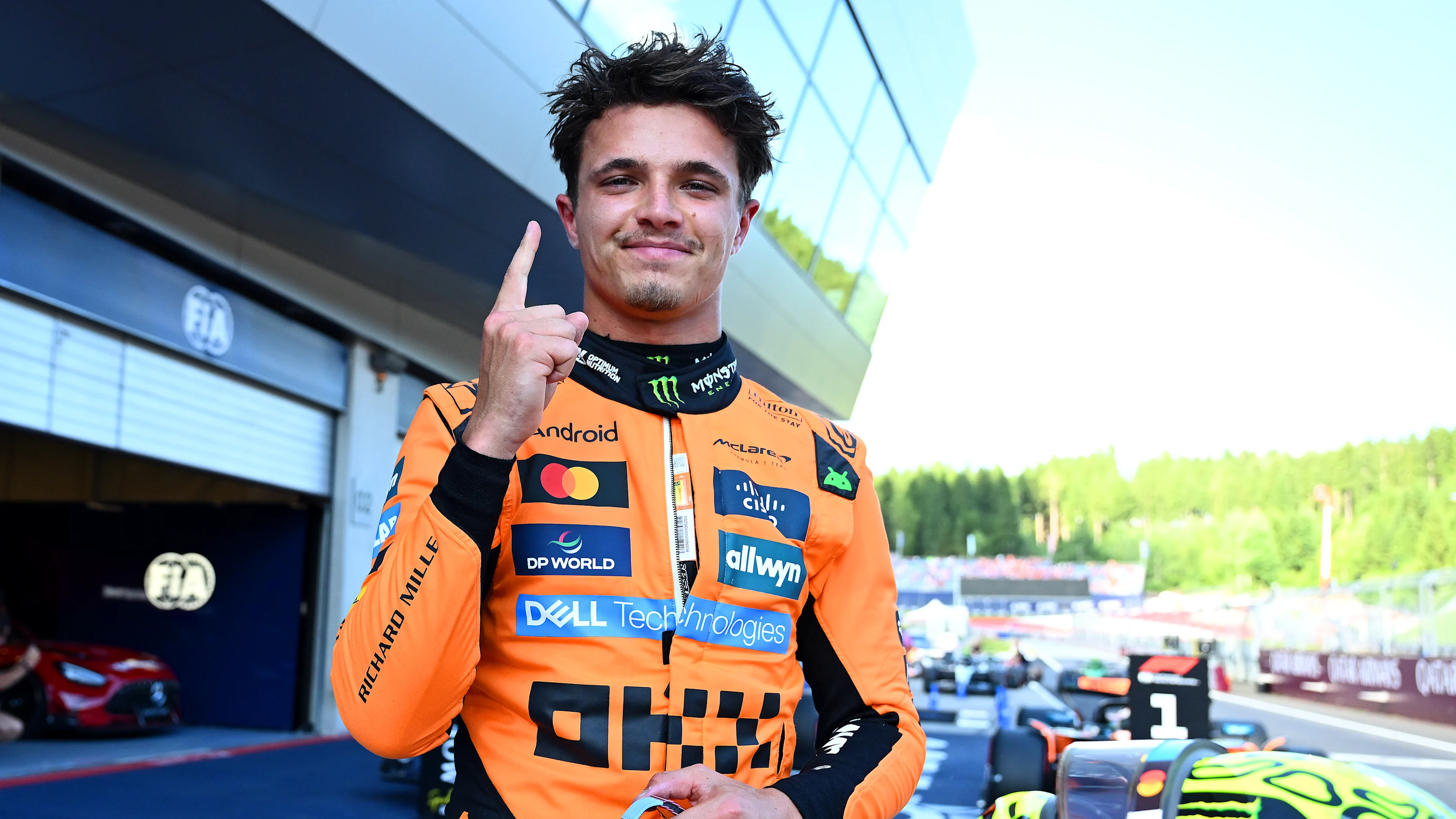 SPIELBERG, AUSTRIA - JUNE 28: Pole position qualifier Lando Norris of Great Britain and McLaren celebrates in parc ferme during qualifying ahead of the F1 Grand Prix of Austria at Red Bull Ring on June 28, 2025 in Spielberg, Austria. (Photo by Mark Sutton - Formula 1/Formula 1 via Getty Images)