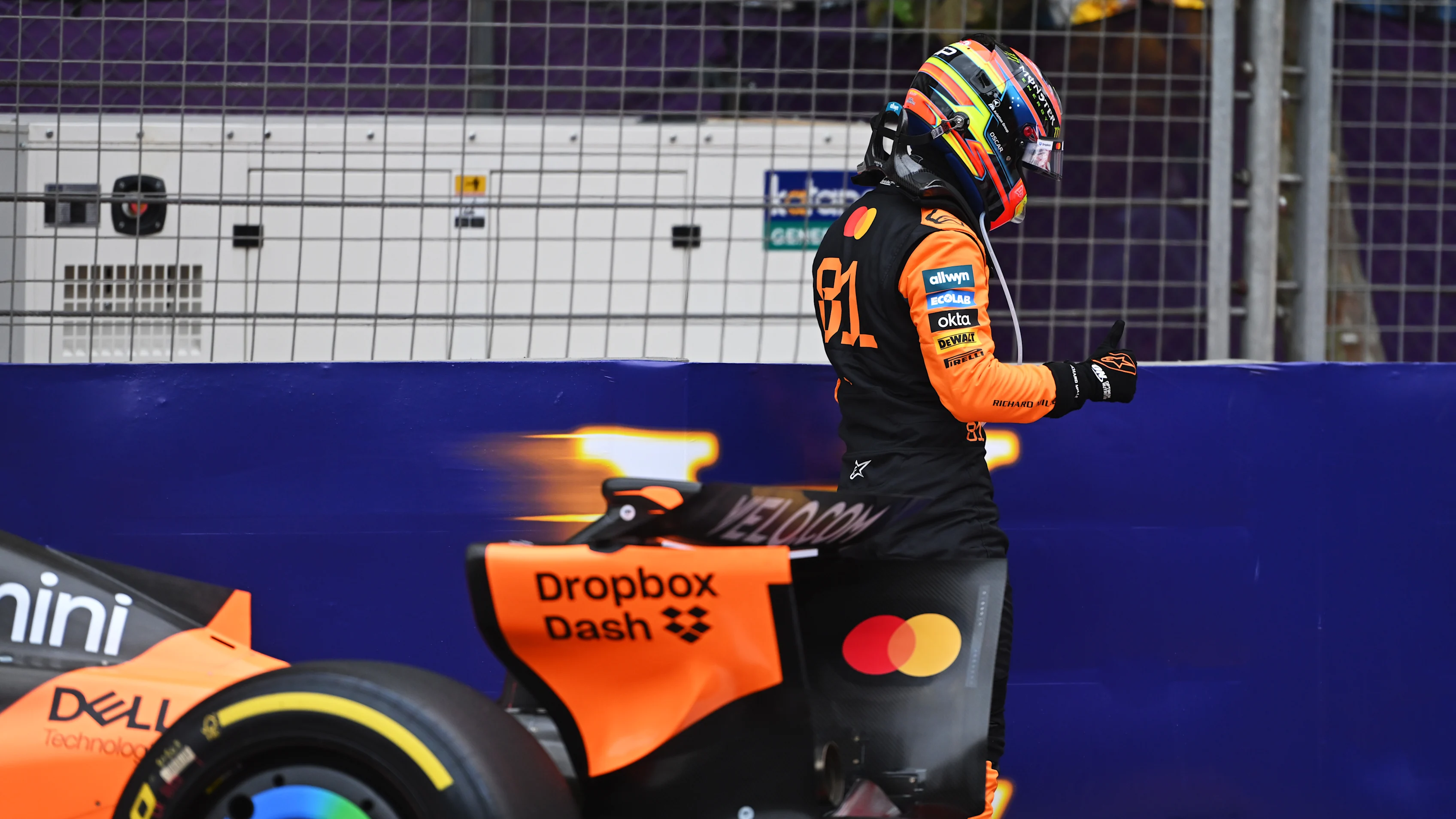 BAKU, AZERBAIJAN - SEPTEMBER 21: Oscar Piastri of Australia and McLaren walks away form his car