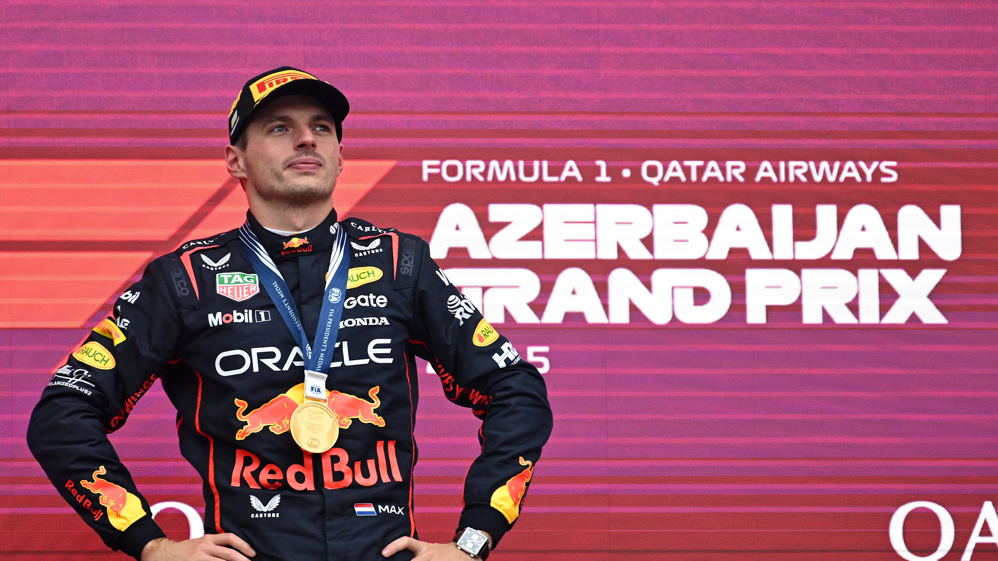 BAKU, AZERBAIJAN - SEPTEMBER 21: Race winner Max Verstappen of the Netherlands and Oracle Red Bull