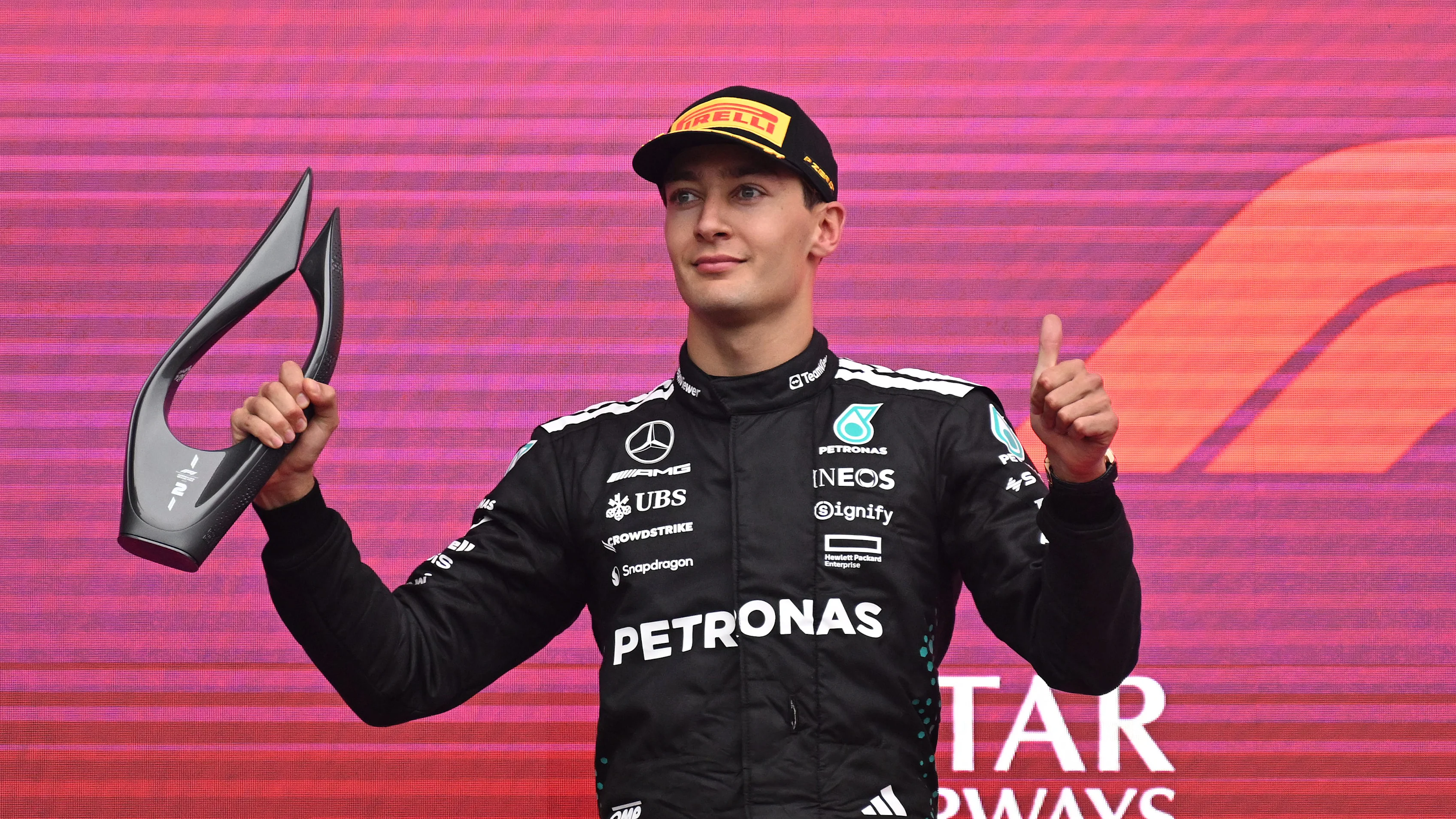 BAKU, AZERBAIJAN - SEPTEMBER 21: Second placed George Russell of Great Britain and Mercedes AMG