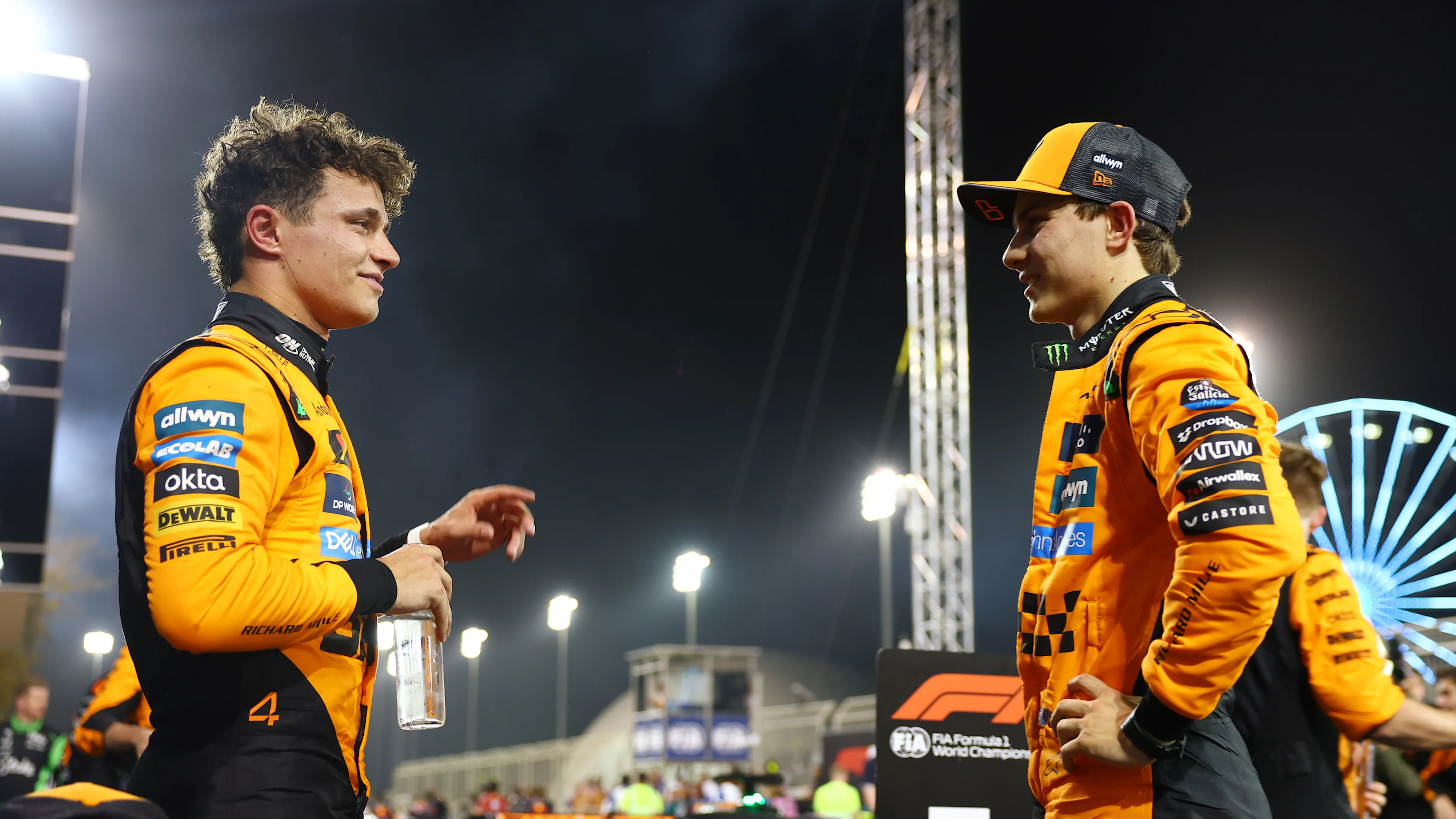 BAHRAIN, BAHRAIN - APRIL 13: Third placed Lando Norris of Great Britain and McLaren and Race winner