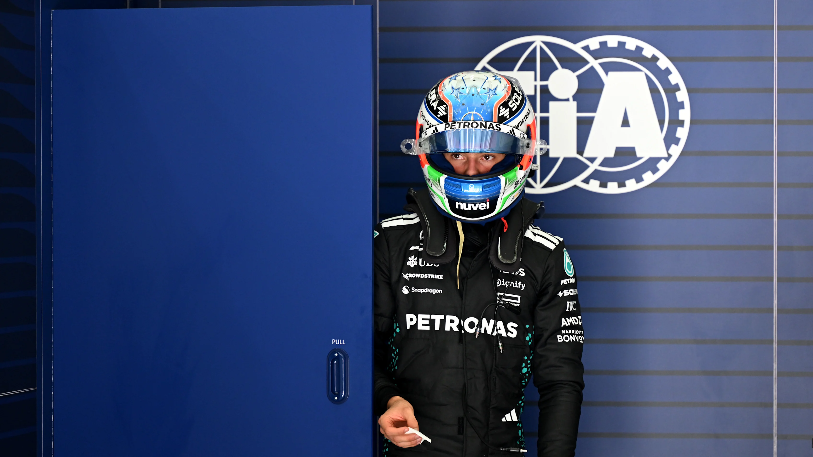 SPA, BELGIUM - JULY 25: Andrea Kimi Antonelli of Italy and Mercedes AMG Petronas F1 Team looks on from the FIA garage after being eliminated during Sprint qualifying ahead of the F1 Grand Prix of Belgium at Circuit de Spa-Francorchamps on July 25, 2025 in Spa, Belgium. (Photo by Mark Sutton - Formula 1/Formula 1 via Getty Images)