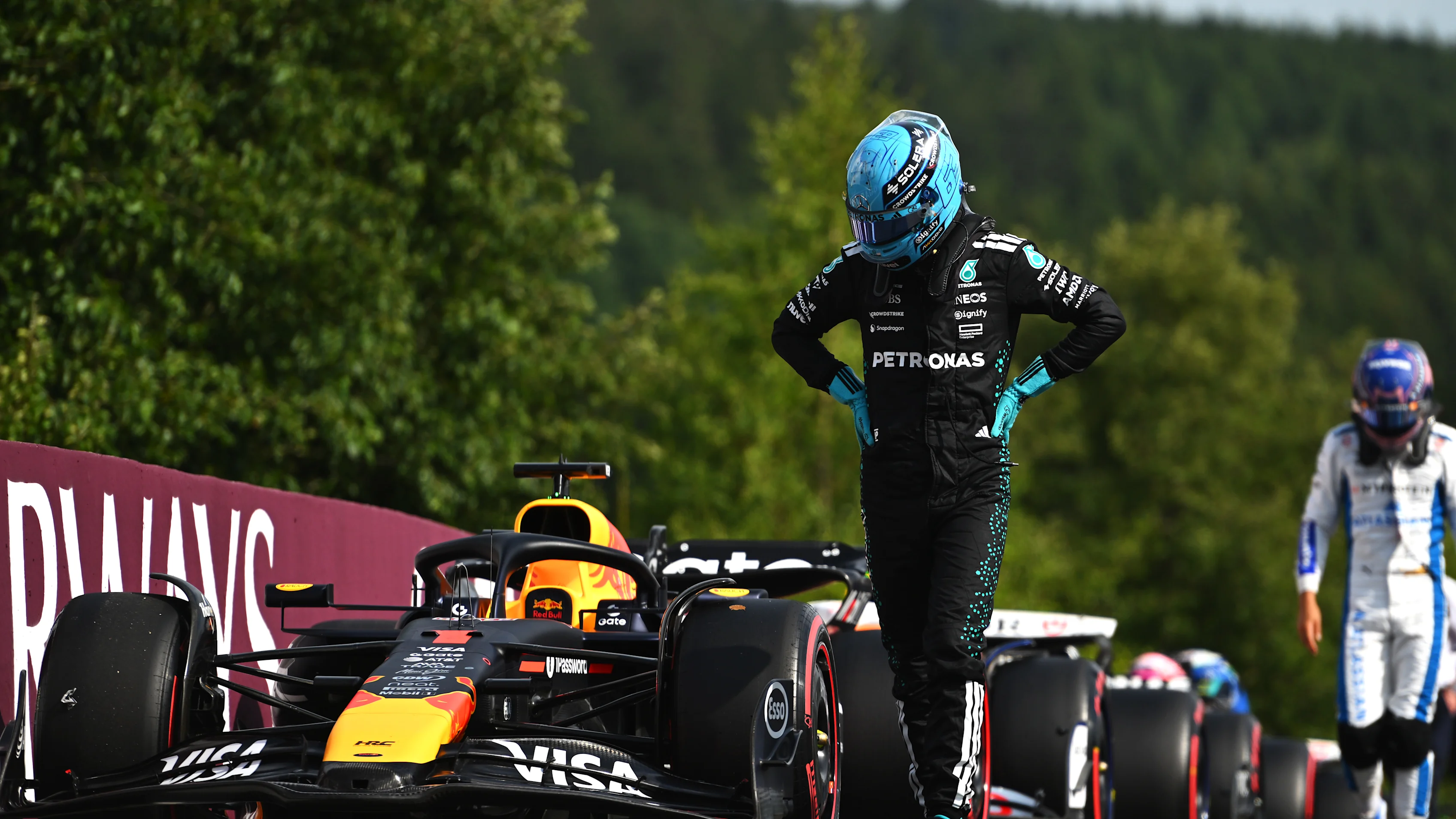 SPA, BELGIUM - JULY 26: Sixth placed qualifier George Russell of Great Britain and Mercedes AMG
