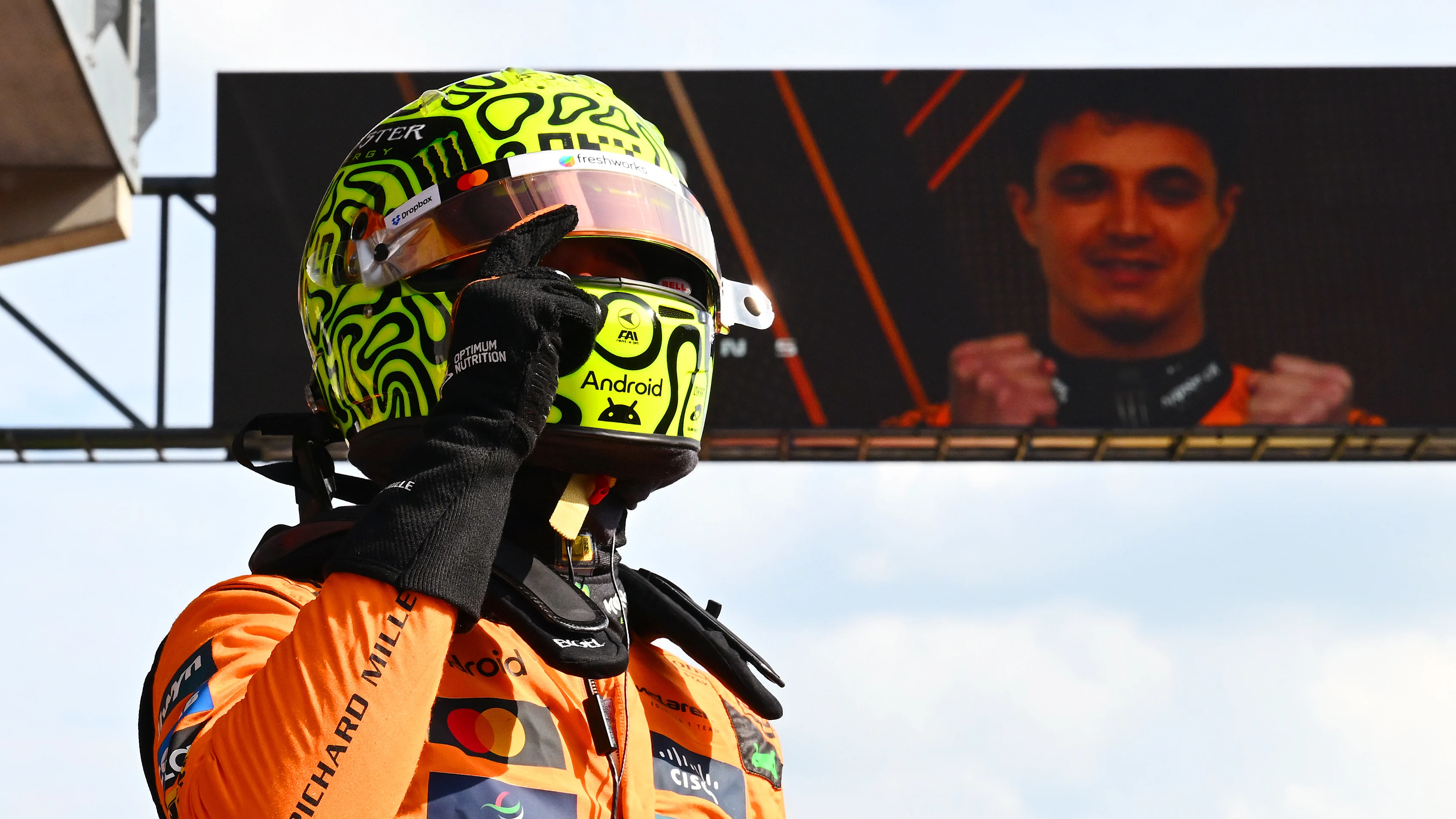 SPA, BELGIUM - JULY 26: Pole position qualifier Lando Norris of Great Britain and McLaren celebrates in parc ferme during qualifying ahead of the F1 Grand Prix of Belgium at Circuit de Spa-Francorchamps on July 26, 2025 in Spa, Belgium. (Photo by Mark Sutton - Formula 1/Formula 1 via Getty Images)