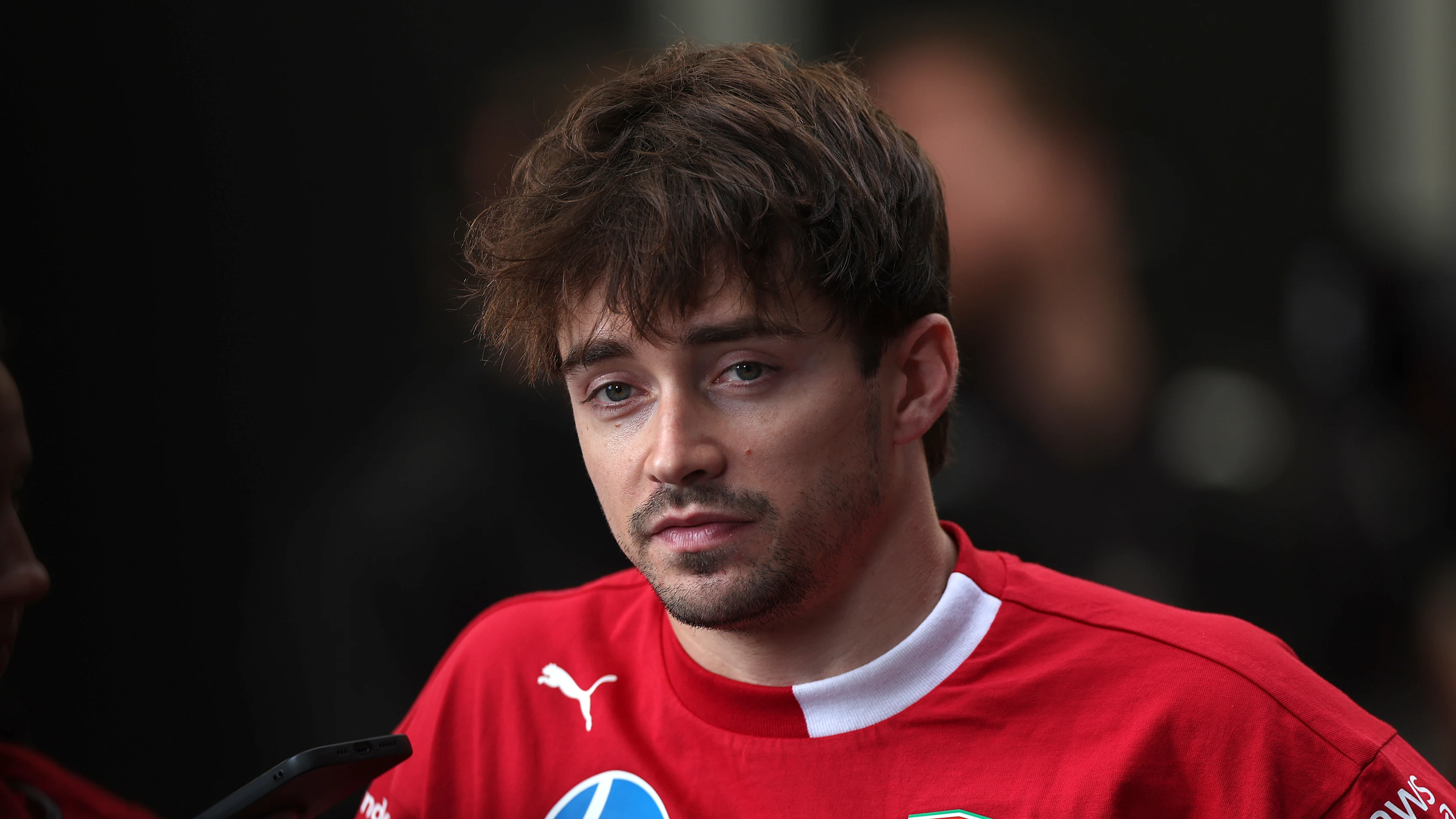 SAO PAULO, BRAZIL - NOVEMBER 09: Charles Leclerc of Monaco and Scuderia Ferrari is interviewed