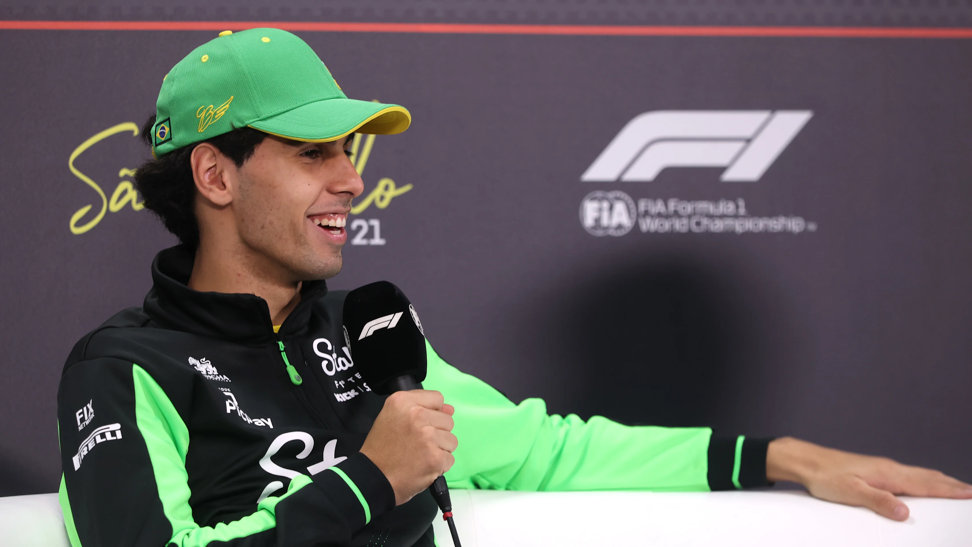 SAO PAULO, BRAZIL - NOVEMBER 06: Gabriel Bortoleto of Brazil and Stake F1 Team Kick Sauber speaks