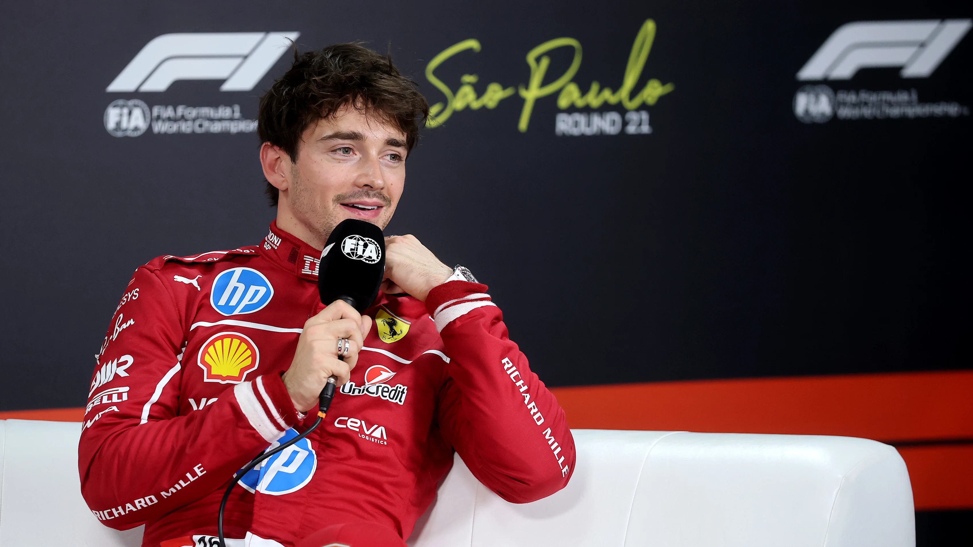 SAO PAULO, BRAZIL - NOVEMBER 08: Third placed qualifier Charles Leclerc of Monaco and Scuderia