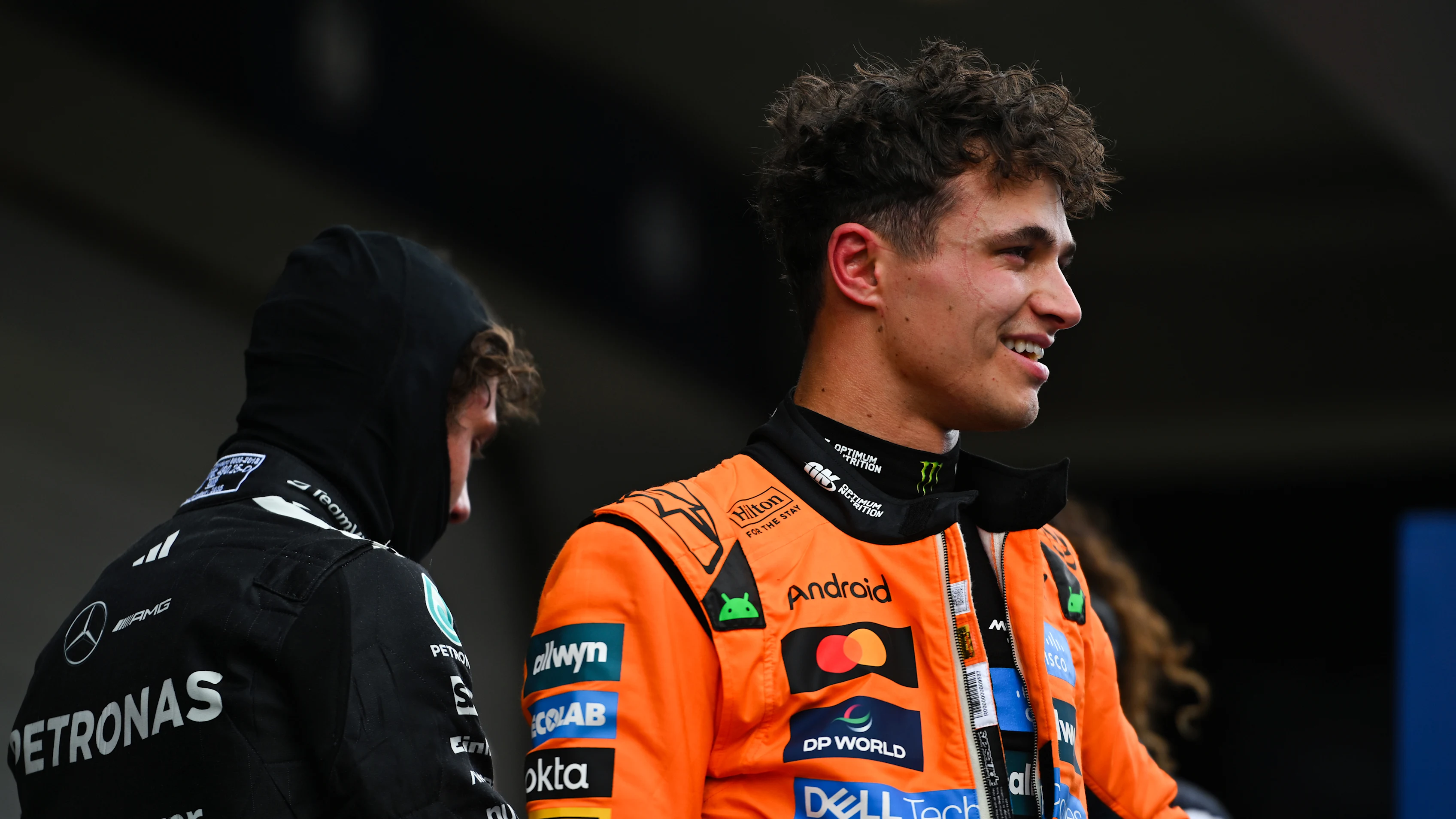 SAO PAULO, BRAZIL - NOVEMBER 08: Pole position qualifier Lando Norris of Great Britain and McLaren in parc ferme during qualifying ahead of the F1 Grand Prix of Brazil at Autodromo Jose Carlos Pace on November 08, 2025 in Sao Paulo, Brazil. (Photo by Rudy Carezzevoli/Getty Images)