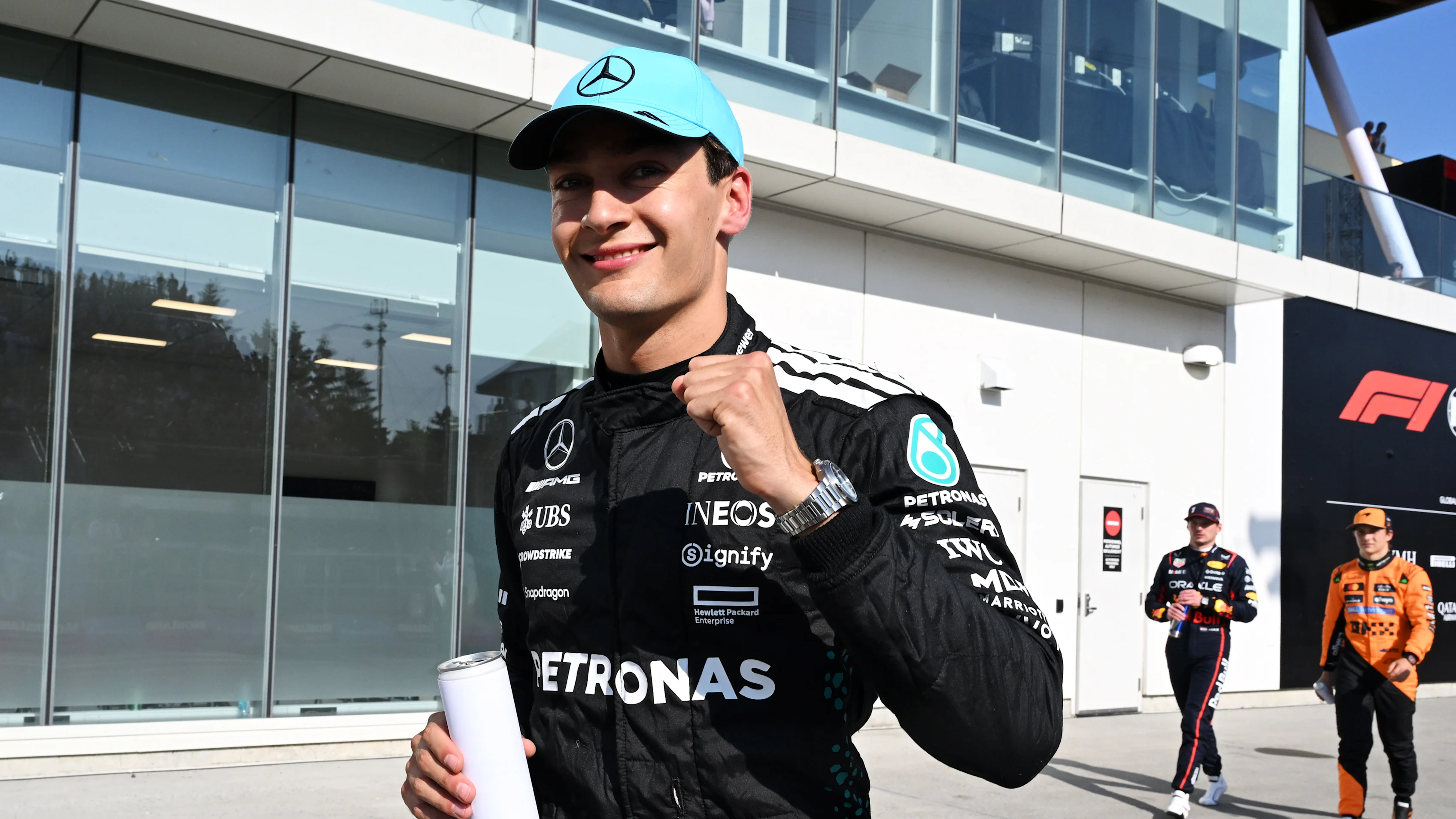 MONTREAL, QUEBEC - JUNE 14: Pole position qualifier George Russell of Great Britain and Mercedes
