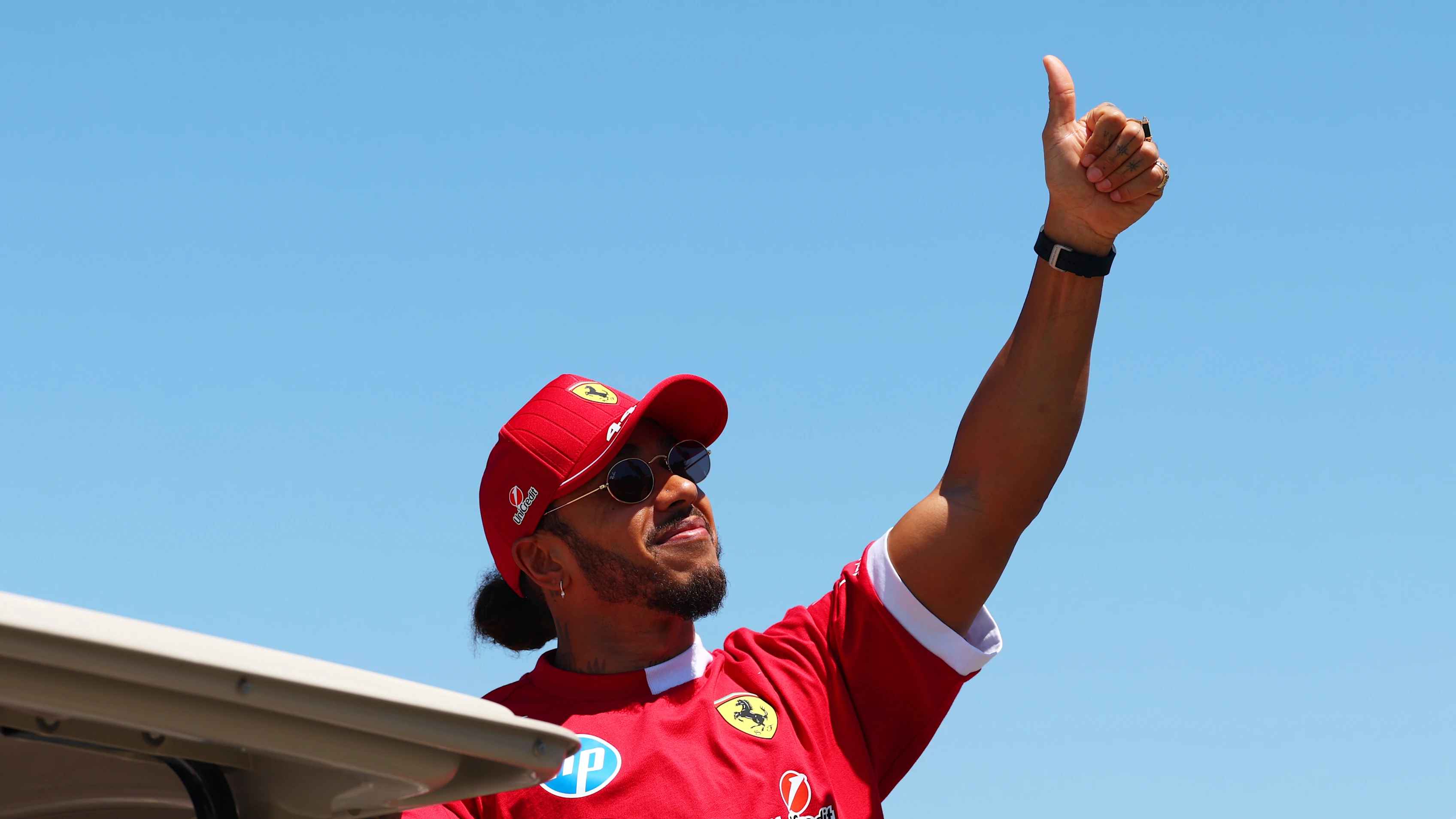 IMOLA, ITALY - MAY 18: Lewis Hamilton of Great Britain and Scuderia Ferrari gives a thumbs up on