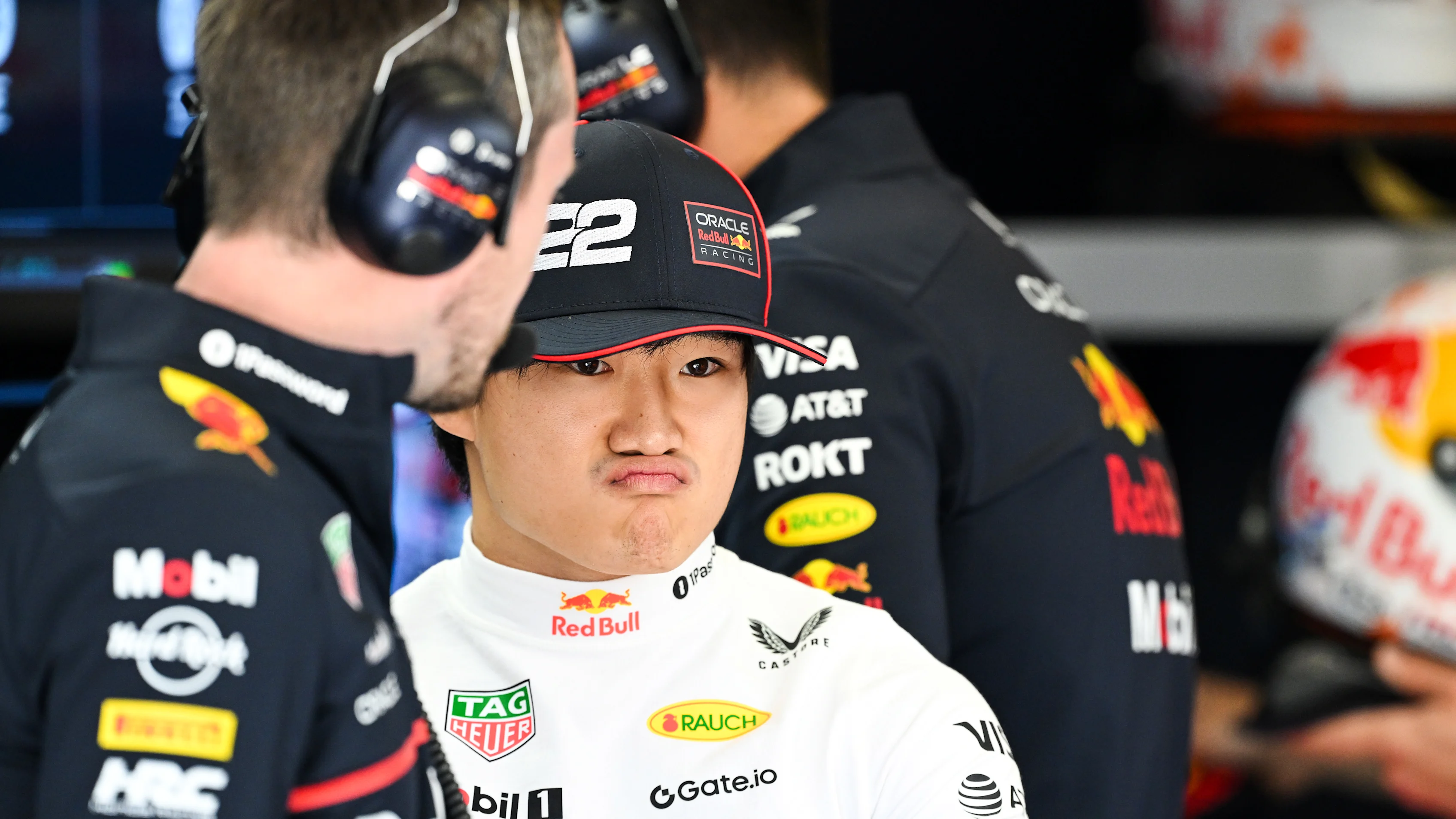IMOLA, ITALY - MAY 16: Yuki Tsunoda of Japan and Oracle Red Bull Racing looks on in the garage