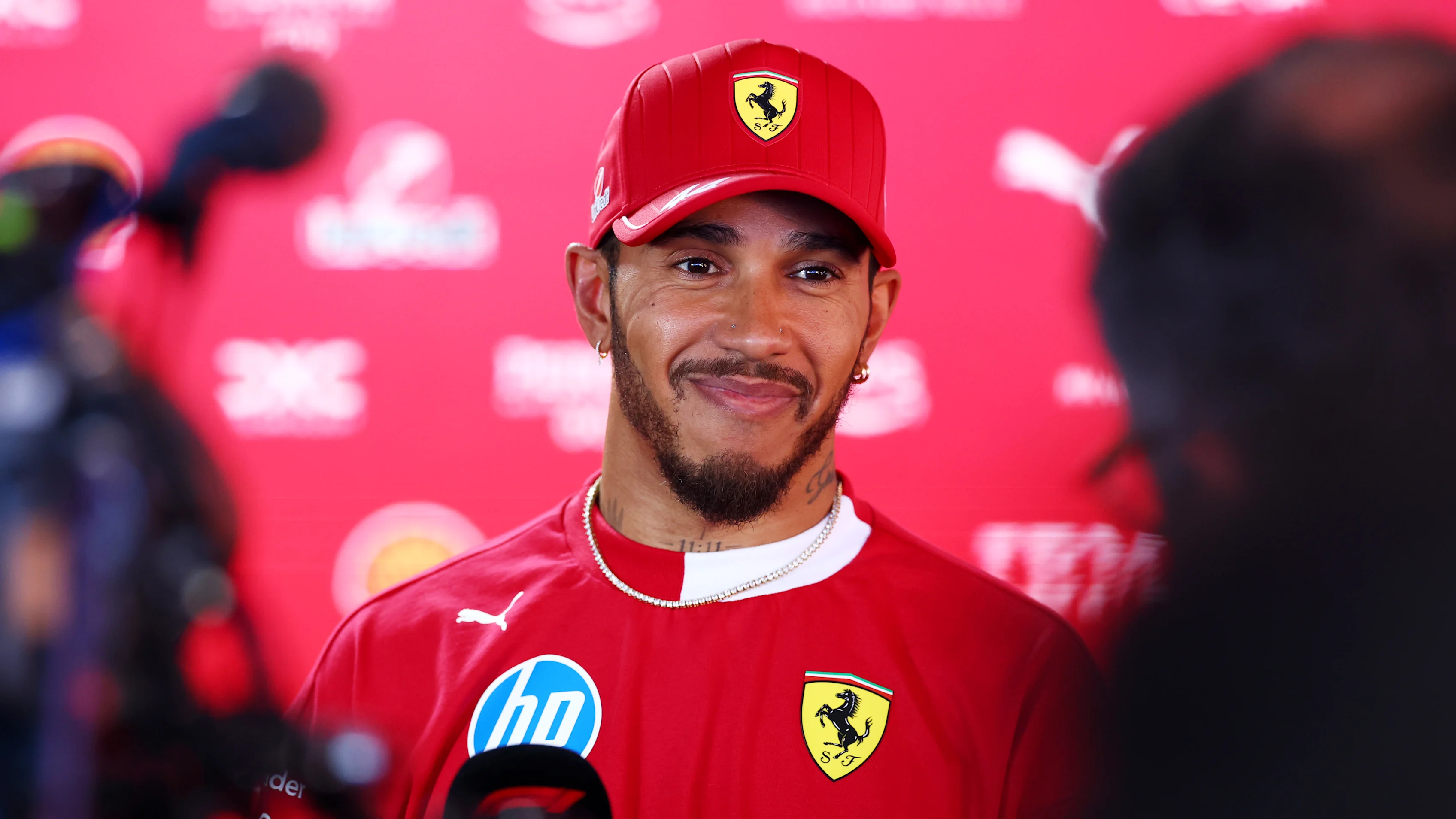 IMOLA, ITALY - MAY 15: Lewis Hamilton of Great Britain and Scuderia Ferrari is interviewed during