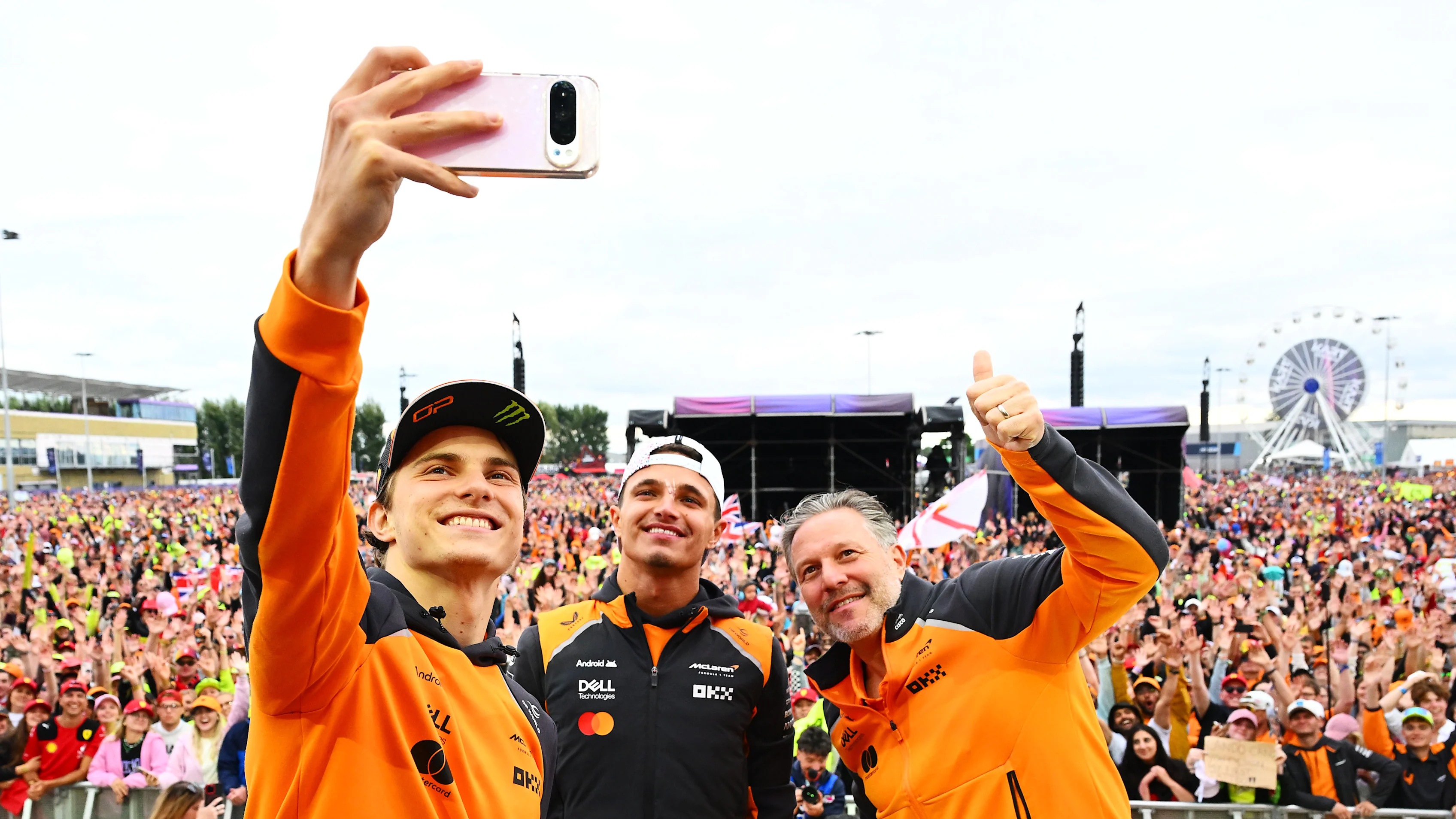 NORTHAMPTON, ENGLAND - JULY 06: Second placed Oscar Piastri of Australia and McLaren, Race winner