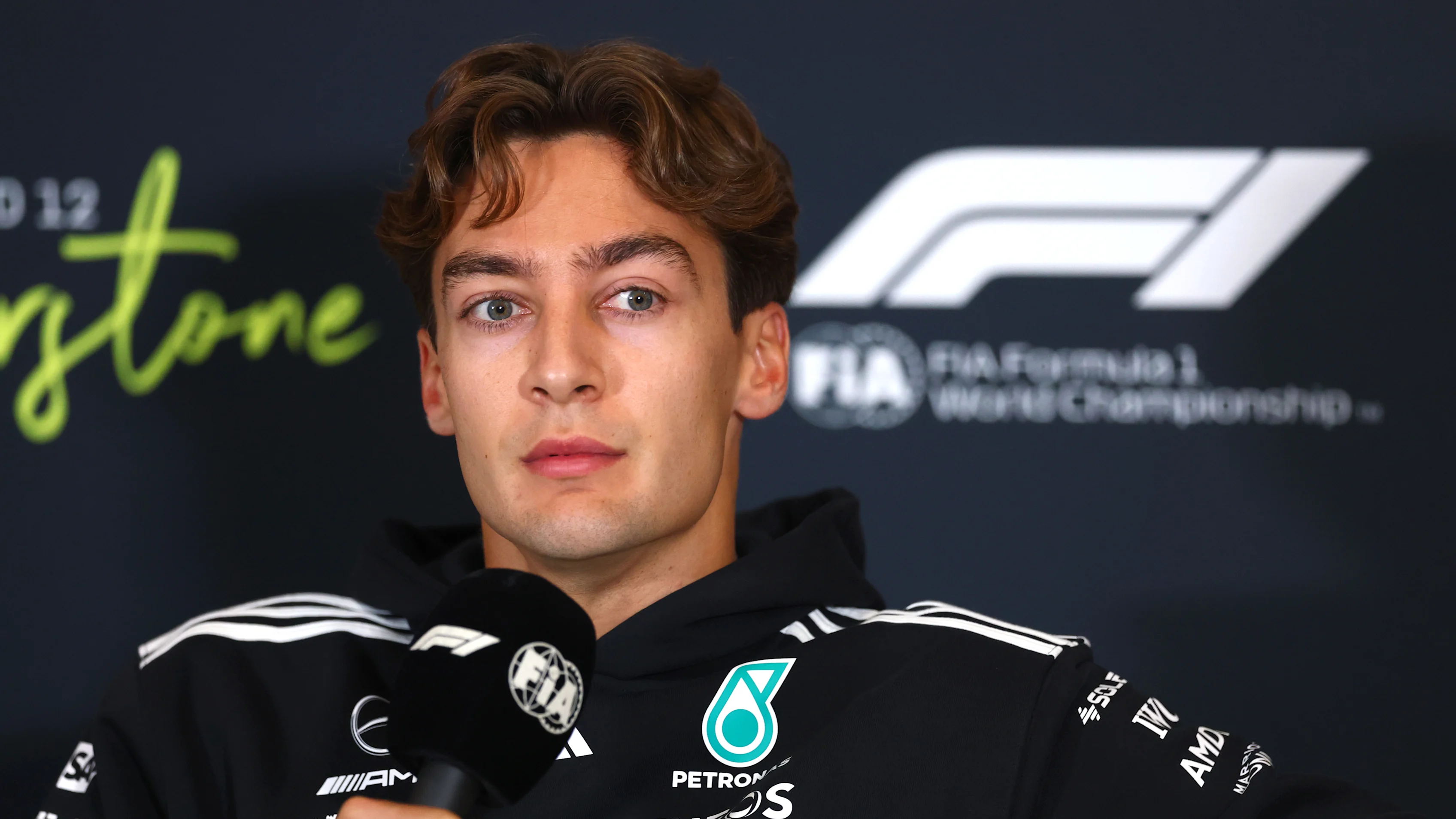 NORTHAMPTON, ENGLAND - JULY 03: George Russell of Great Britain and Mercedes AMG Petronas F1 Team