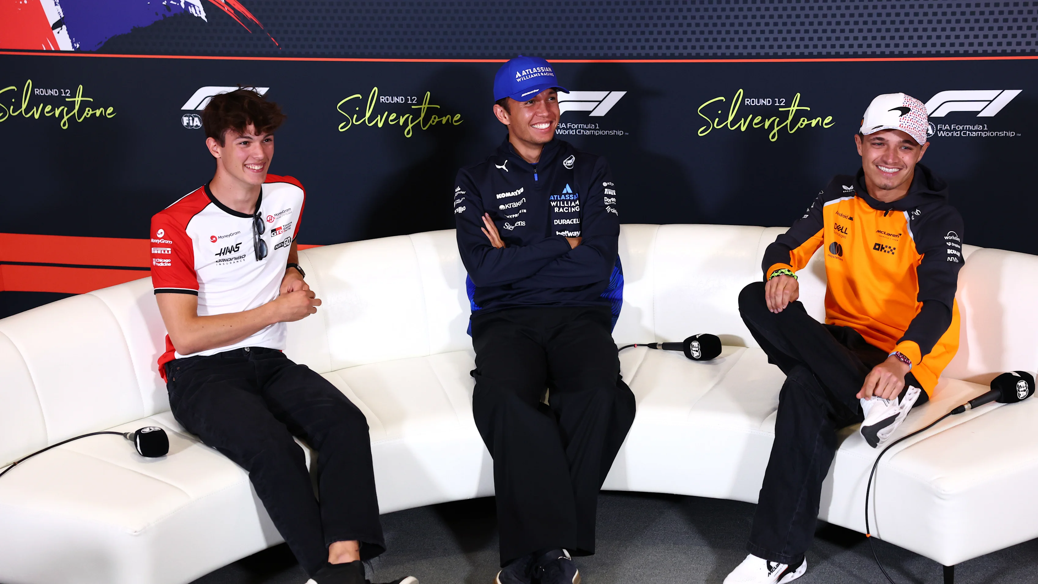 NORTHAMPTON, ENGLAND - JULY 03: Oliver Bearman of Great Britain and Haas F1 Alexander Albon of