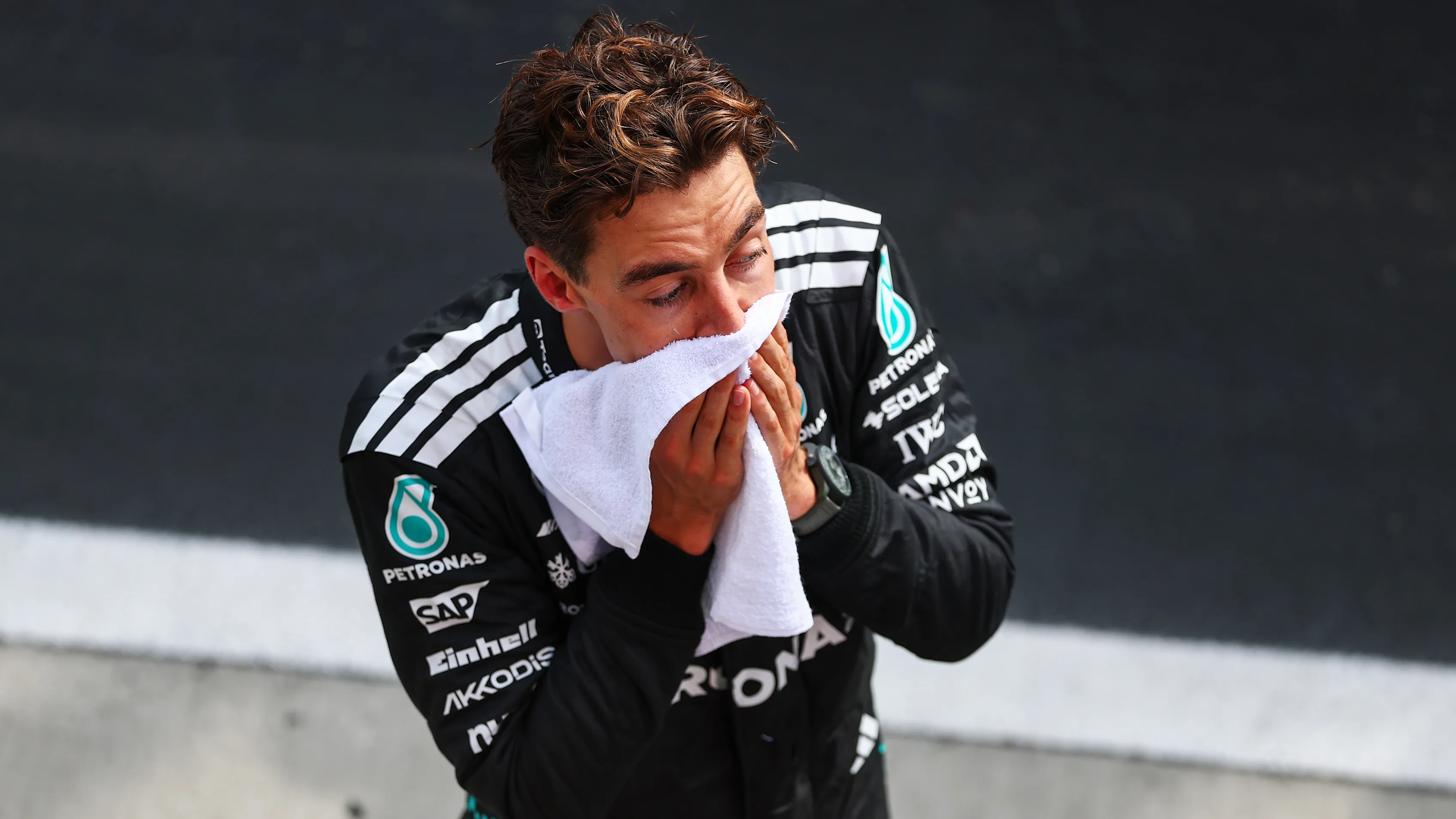 BUDAPEST, HUNGARY - AUGUST 03: Third placed George Russell of Great Britain and Mercedes AMG