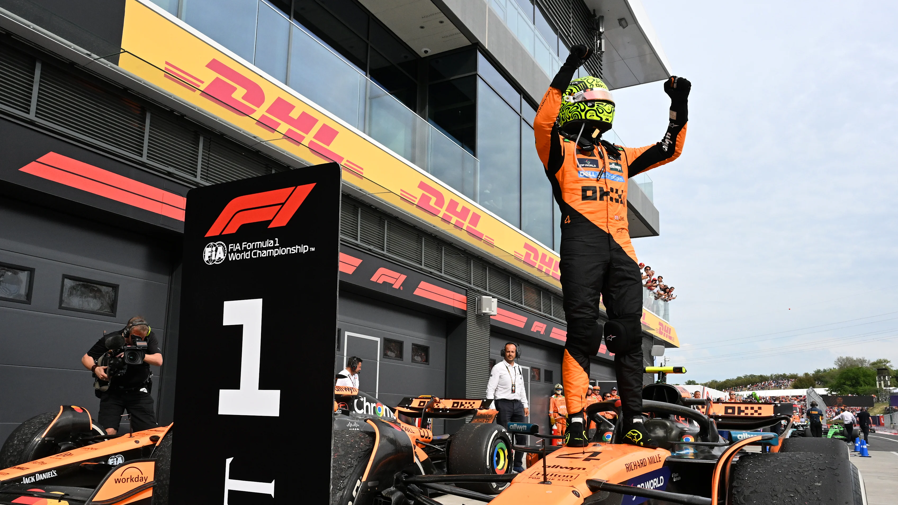 BUDAPEST, HUNGARY - AUGUST 03: Race winner Lando Norris of Great Britain and McLaren celebrates on