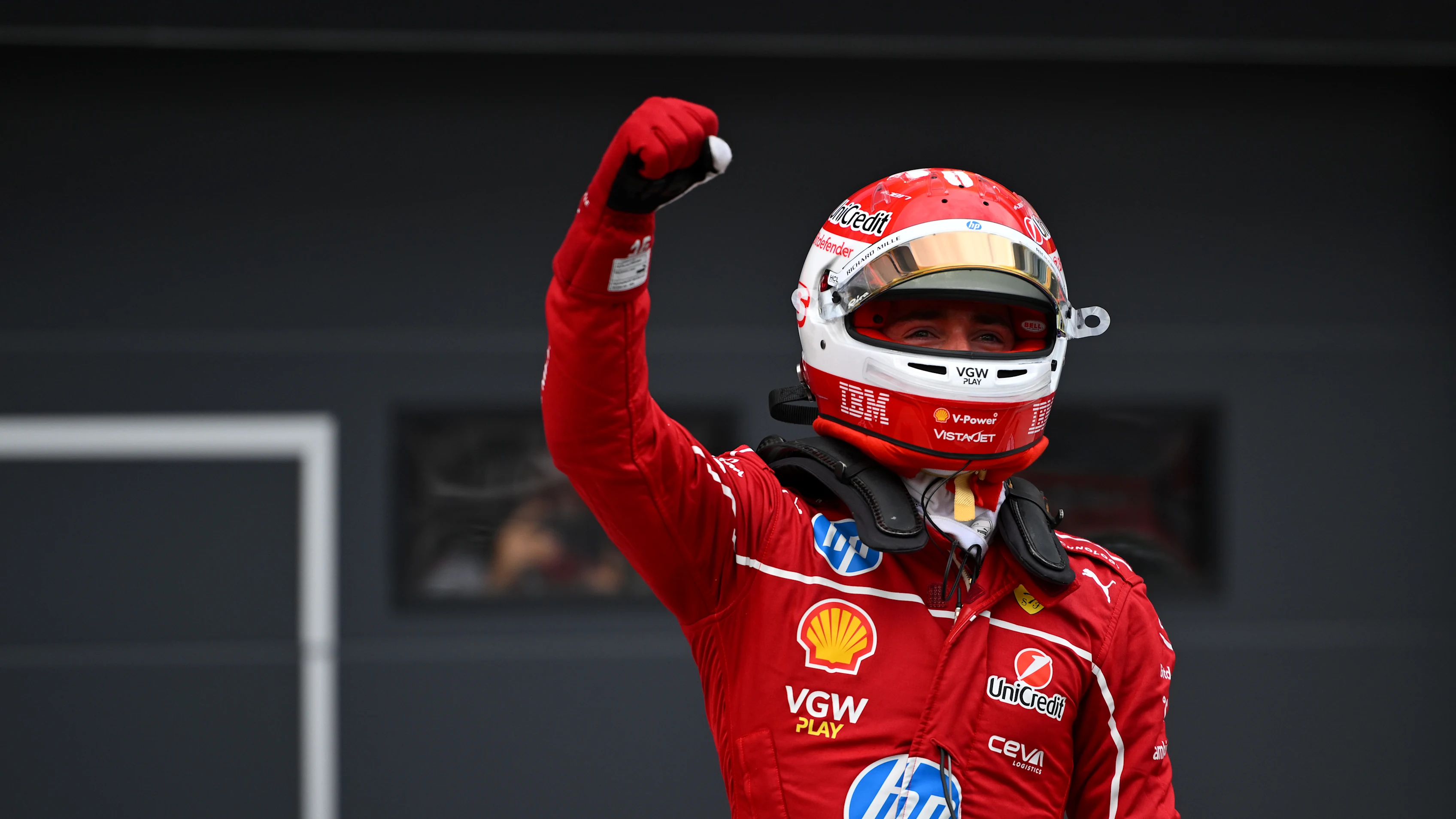 BUDAPEST, HUNGARY - AUGUST 02: Pole position qualifier Charles Leclerc of Monaco and Scuderia Ferrari celebrates on arrival in parc ferme during qualifying ahead of the F1 Grand Prix of Hungary at Hungaroring on August 02, 2025 in Budapest, Hungary. (Photo by Rudy Carezzevoli/Getty Images)