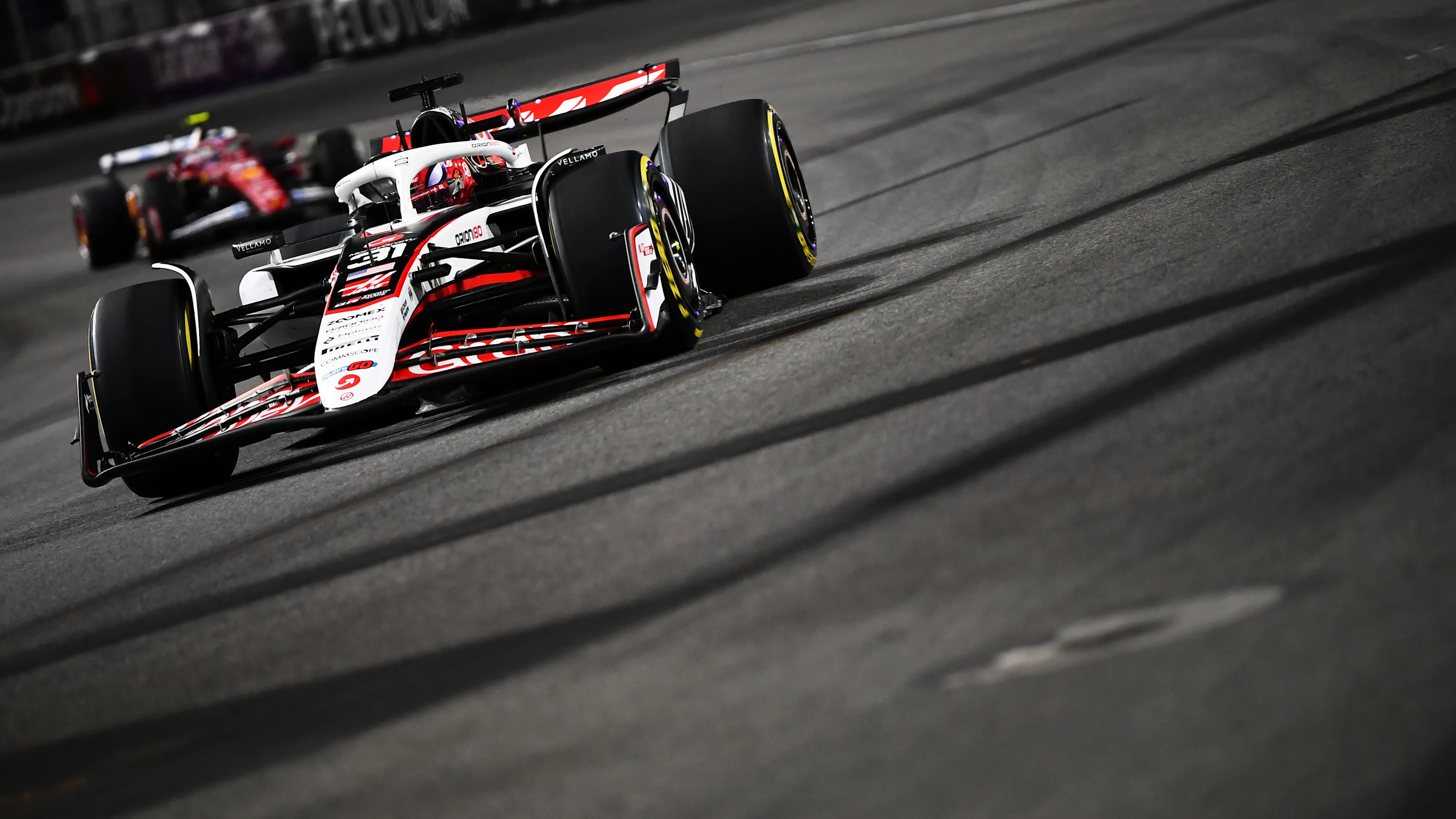 LAS VEGAS, NEVADA - NOVEMBER 22: Esteban Ocon of France driving the (31) Haas F1 VF-25 Ferrari on track during the F1 Grand Prix of Las Vegas at Las Vegas Strip Circuit on November 22, 2025 in Las Vegas, Nevada. (Photo by James Sutton - Formula 1/Formula 1 via Getty Images)