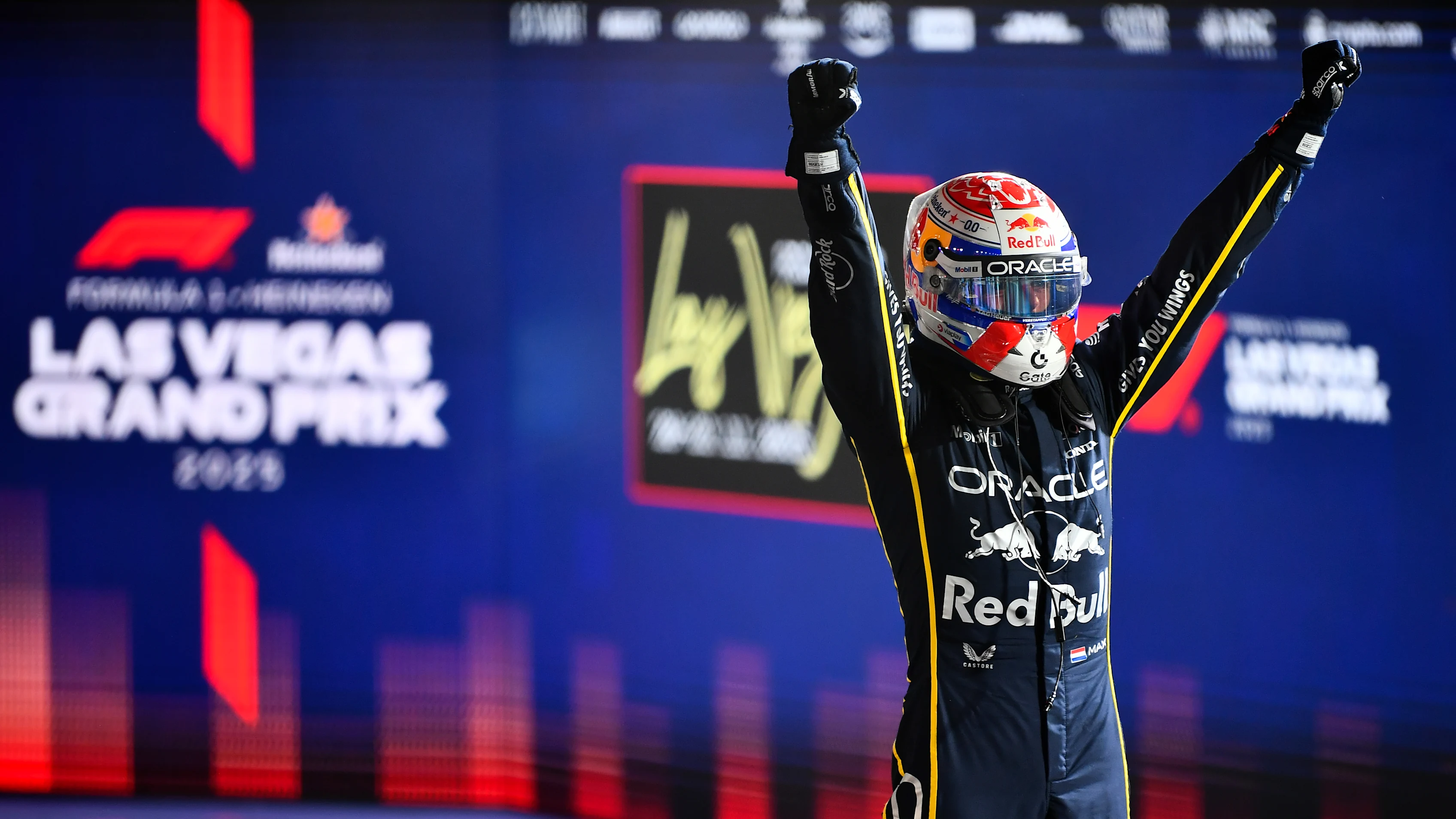 LAS VEGAS, NEVADA - NOVEMBER 22: Race winner Max Verstappen of the Netherlands and Oracle Red Bull