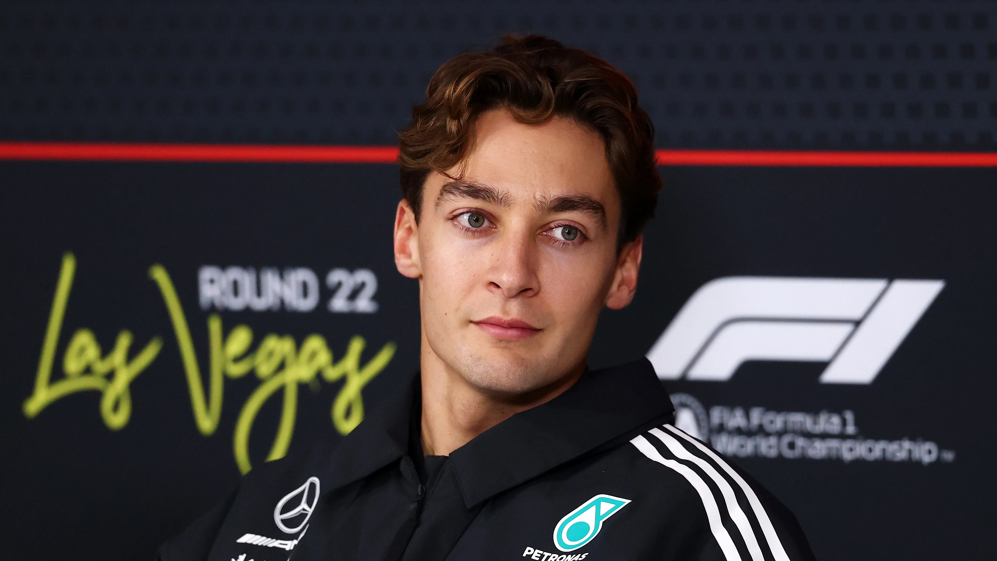LAS VEGAS, NEVADA - NOVEMBER 19: George Russell of Great Britain and Mercedes AMG Petronas F1 Team looks on in the Drivers Press Conference during previews ahead of the F1 Grand Prix of Las Vegas at Las Vegas Strip Circuit on November 19, 2025 in Las Vegas, Nevada. (Photo by Clive Rose/Getty Images)