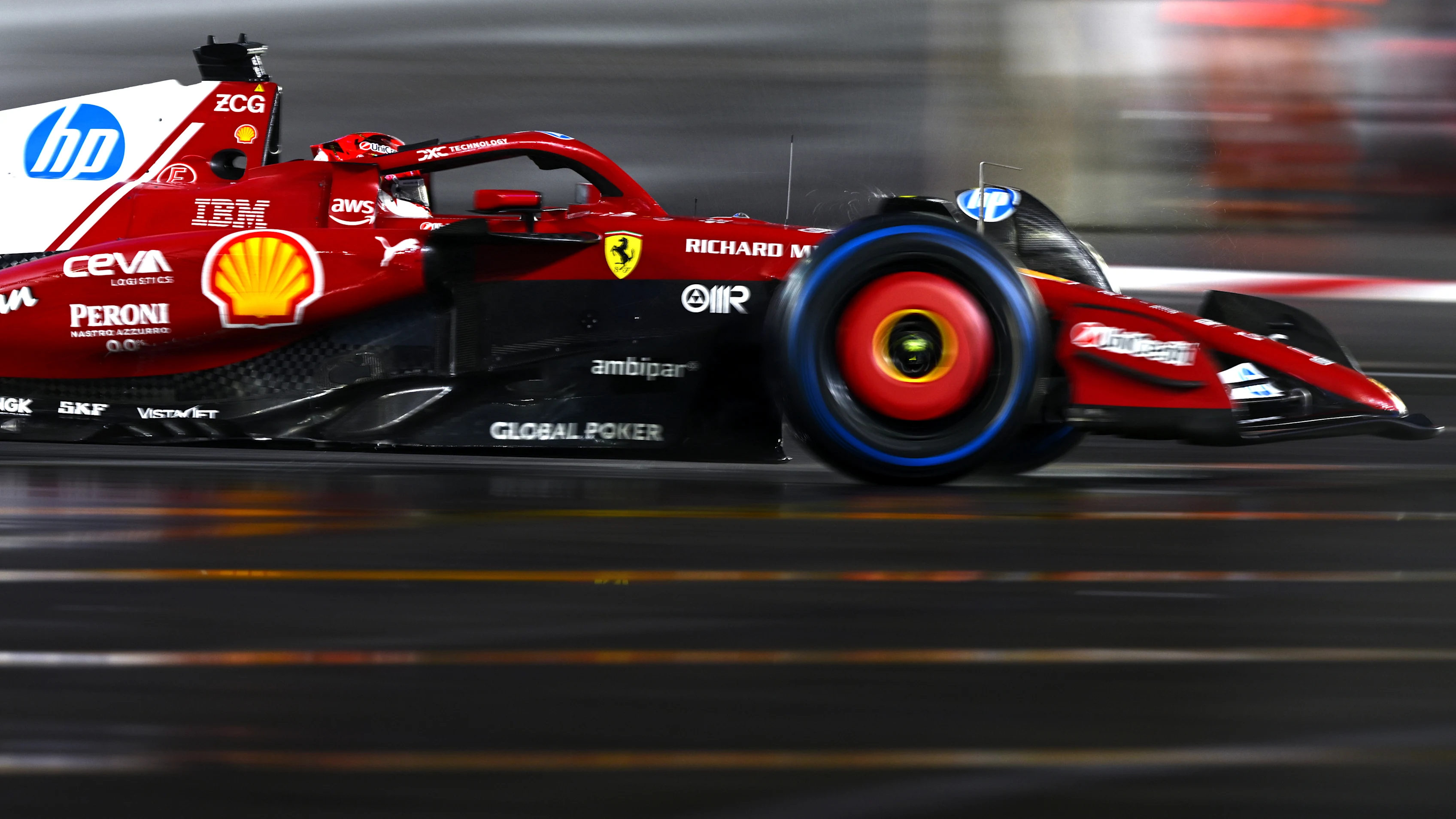 LAS VEGAS, NEVADA - NOVEMBER 21: Charles Leclerc of Monaco driving the (16) Scuderia Ferrari SF-25 on track during qualifying ahead of the F1 Grand Prix of Las Vegas at Las Vegas Strip Circuit on November 21, 2025 in Las Vegas, Nevada. (Photo by Clive Mason/Getty Images)
