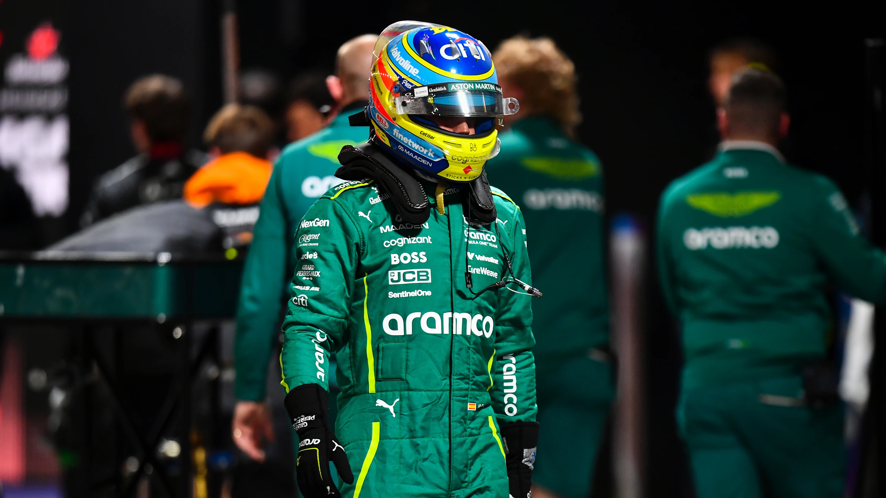 LAS VEGAS, NEVADA - NOVEMBER 21: Seventh placed qualifier Fernando Alonso of Spain and Aston Martin