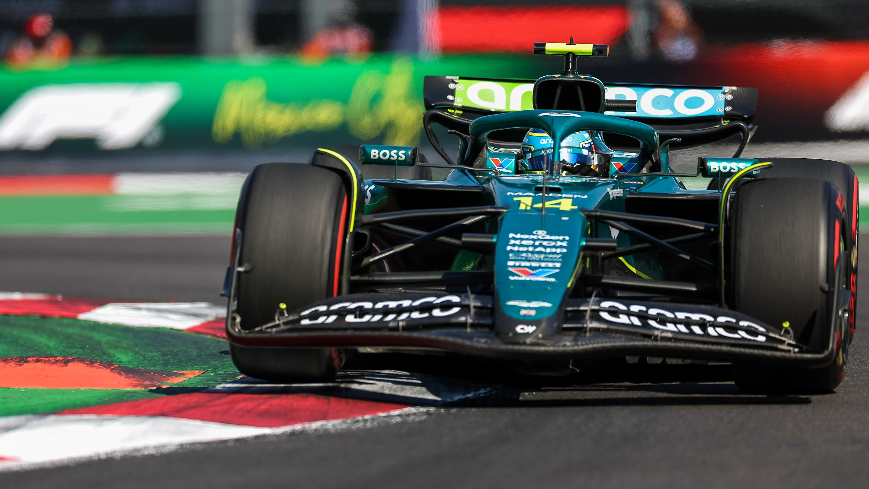 MEXICO CITY, MEXICO - OCTOBER 26: Fernando Alonso of Spain driving the (14) Aston Martin F1 Team AMR25 Mercedes on track during the F1 Grand Prix of Mexico at Autodromo Hermanos Rodriguez on October 26, 2025 in Mexico City, Mexico. (Photo by Peter Fox/Getty Images)