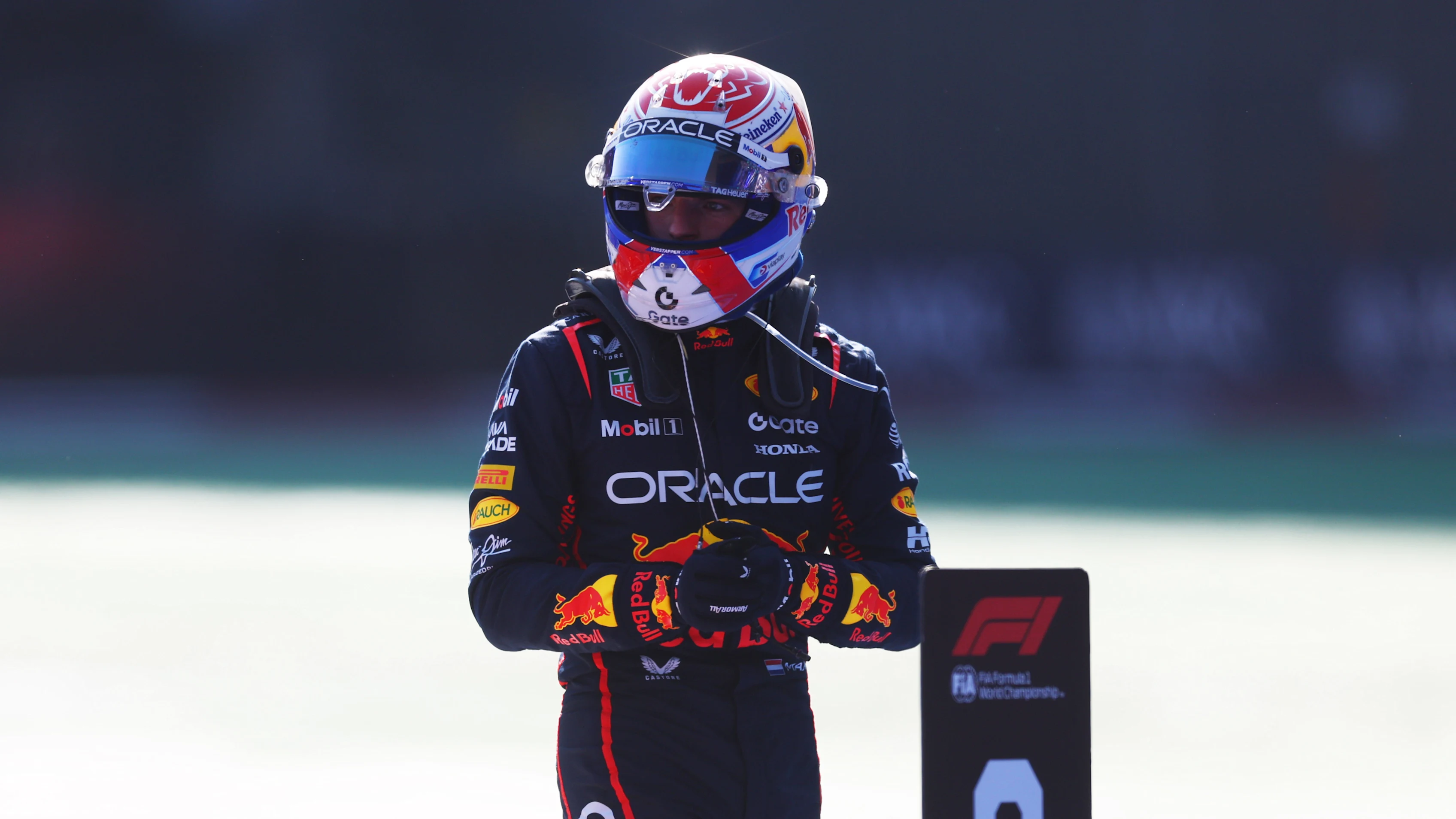 MEXICO CITY, MEXICO - OCTOBER 26: Third placed Max Verstappen of the Netherlands and Oracle Red Bull Racing in parc ferme during the F1 Grand Prix of Mexico at Autodromo Hermanos Rodriguez on October 26, 2025 in Mexico City, Mexico. (Photo by Clive Rose/Getty Images)