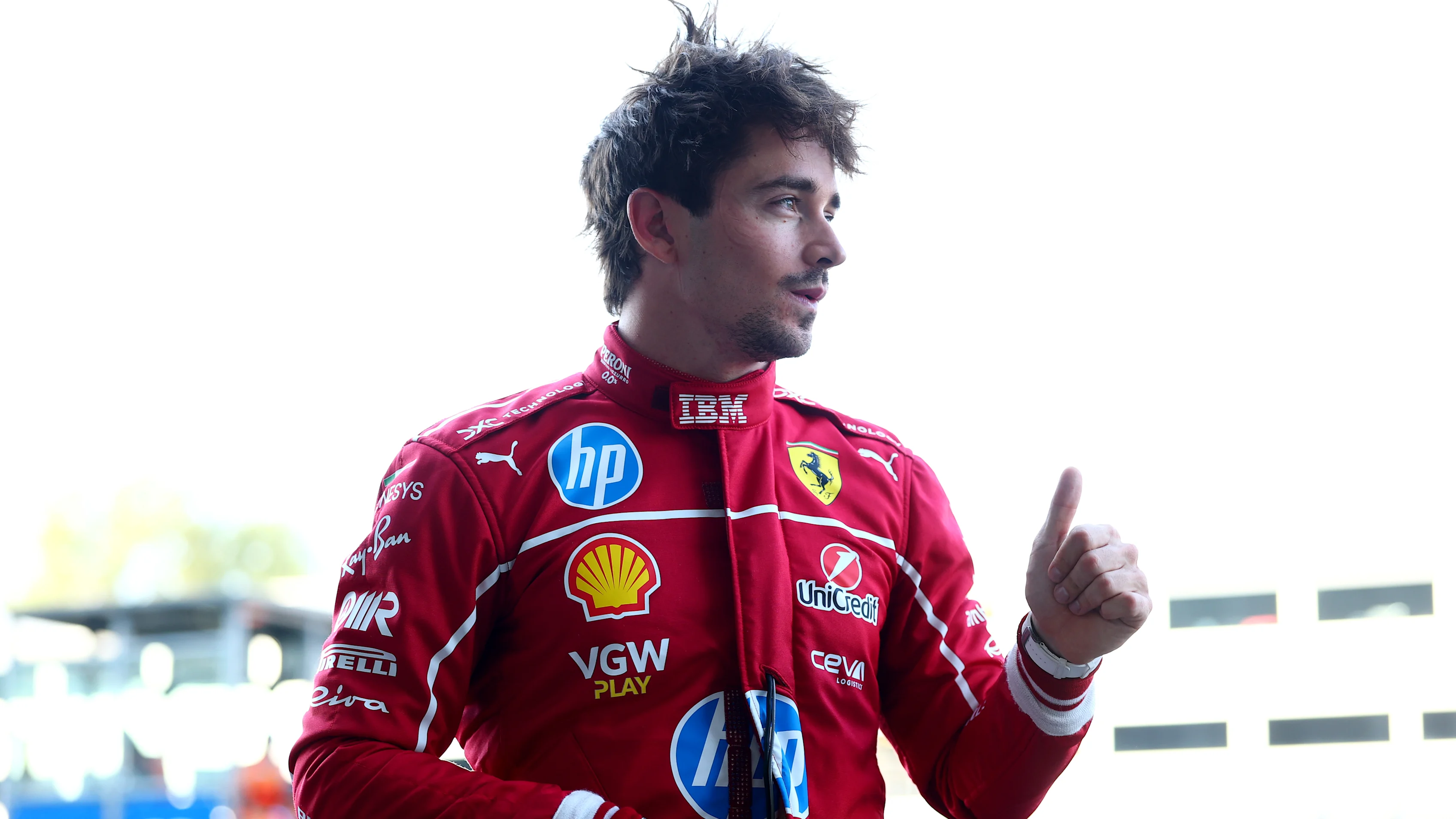 MEXICO CITY, MEXICO - OCTOBER 25: Second placed qualifier Charles Leclerc of Monaco and Scuderia Ferrari gives a thumbs up in parc ferme during qualifying ahead of the F1 Grand Prix of Mexico at Autodromo Hermanos Rodriguez on October 25, 2025 in Mexico City, Mexico. (Photo by Bryn Lennon - Formula 1/Formula 1 via Getty Images)