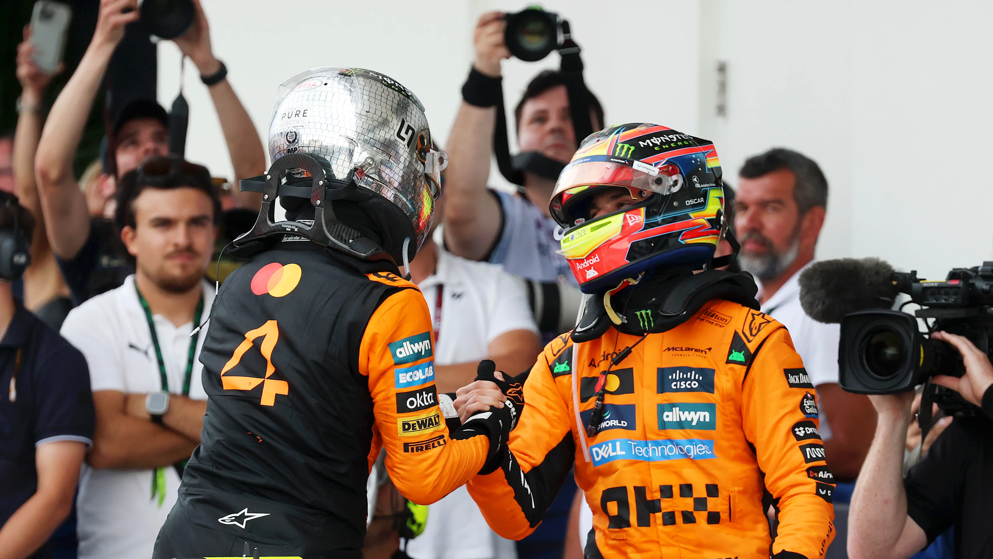 MIAMI, FLORIDA - MAY 04: Race winner Oscar Piastri of Australia and McLaren and Second placed Lando