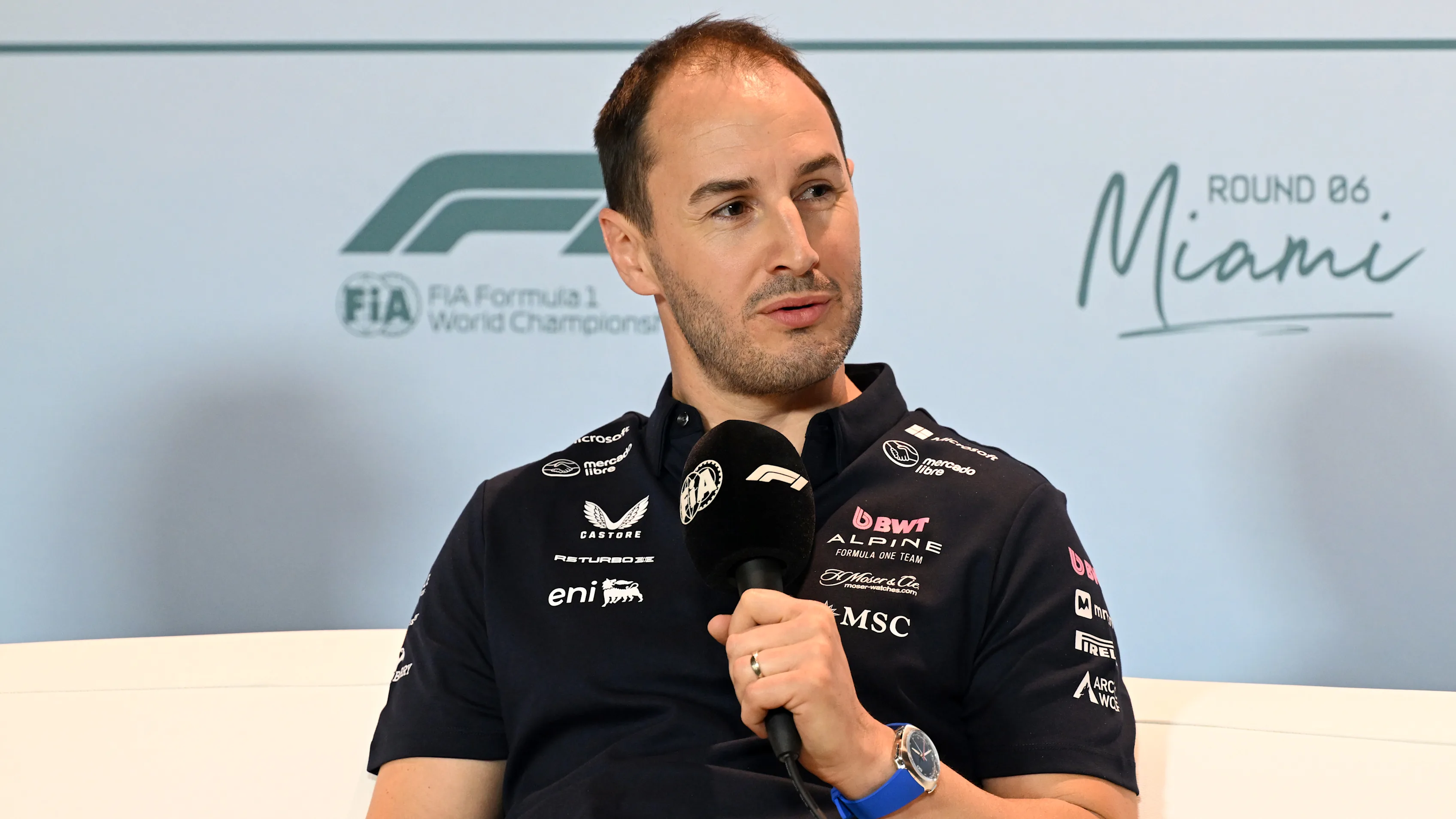 MIAMI, FLORIDA - MAY 02: Oliver Oakes, Team Principal of Alpine F1 in the Team Principals Press